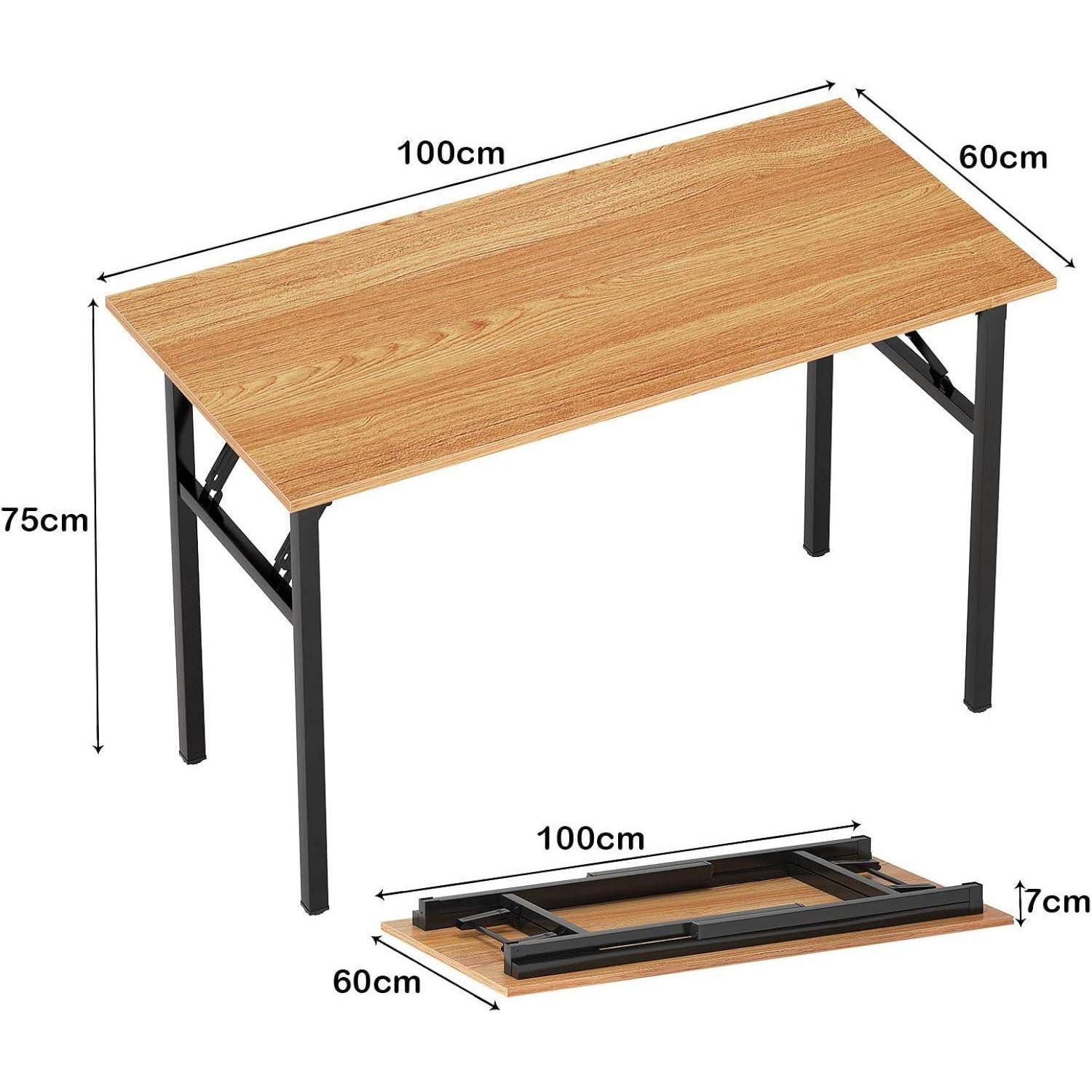 Ein Holztisch mit schwarzen Metallbeinen, Maße 100cm x 60cm x 75cm. Unten ist der Tisch flach zusammengeklappt für die Lagerung dargestellt.