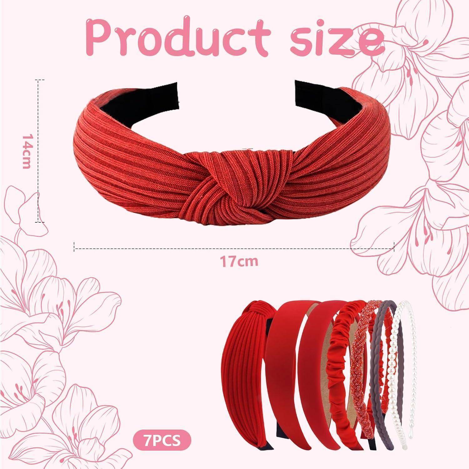 Produktgröße' Bild, das ein rotes Haarband mit folgenden Maßen zeigt: 14 cm Höhe, 17 cm Breite. Enthält fünf Variationen in verschiedenen Rottönen.