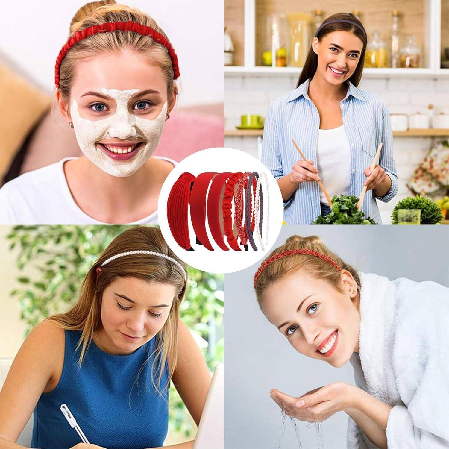 Eine Collage, die vier Frauen zeigt, die ein flexibles rotes Haarband in verschiedenen Situationen verwenden: bei der Hautpflege, beim Kochen, beim Lernen und nach dem Duschen.