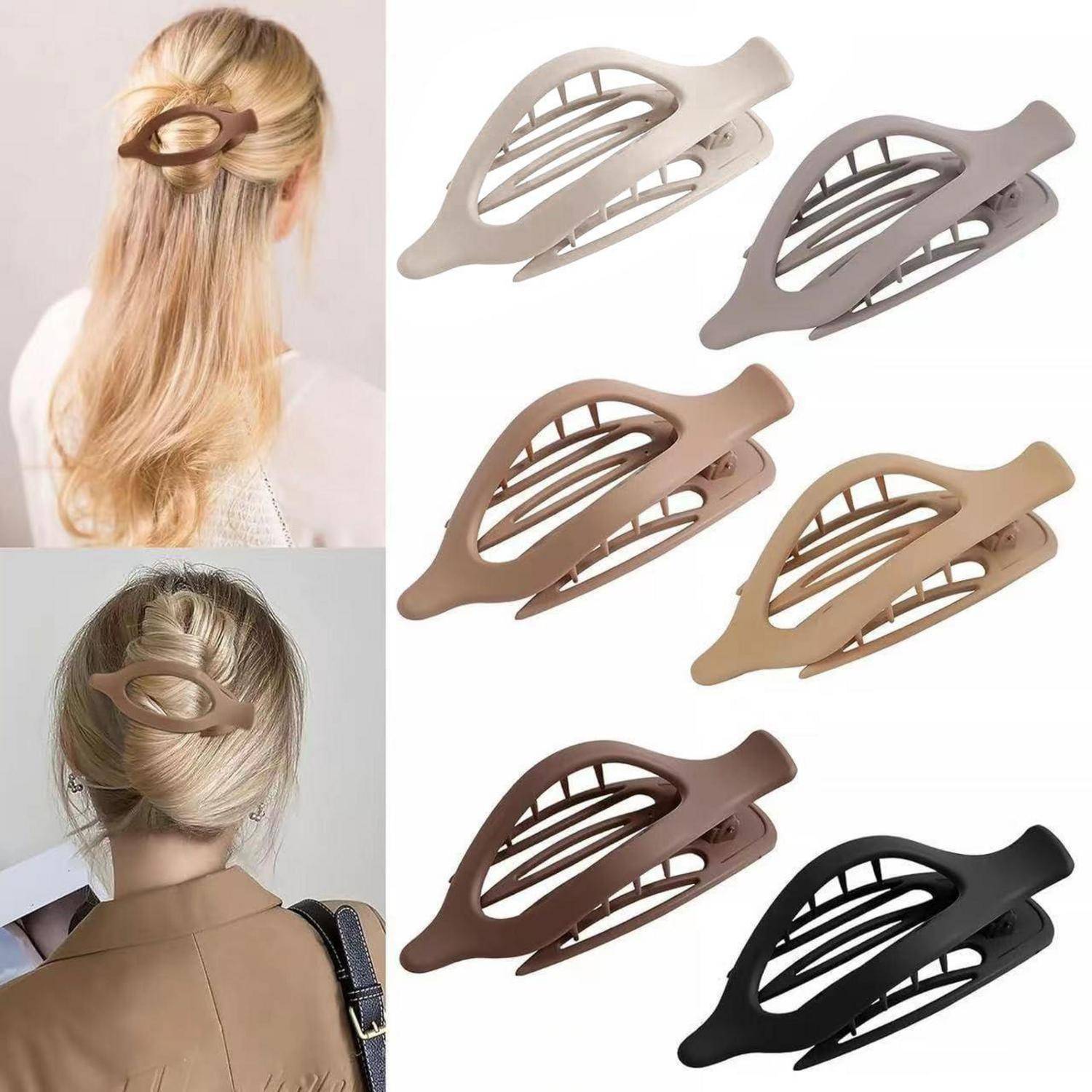 Zwei Frauen mit Haarspangen in verschiedenen Frisuren; vier Nahaufnahmen von Haarspangen in unterschiedlichen Farben zum Stylen im Vordergrund.