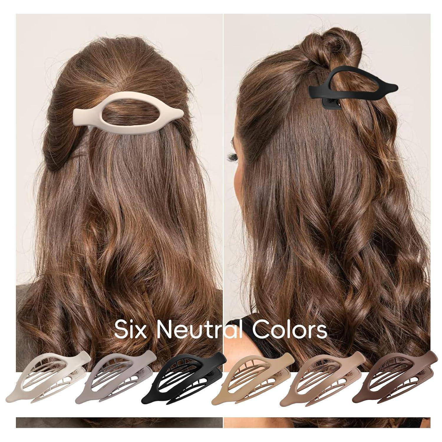Zwei Haarspangen in hellen und dunklen Tönen befestigen Halb-Hochsteckfrisuren auf braunem Haar. Darunter werden sechs Spangen in einer Reihe von neutralen Farben gezeigt.