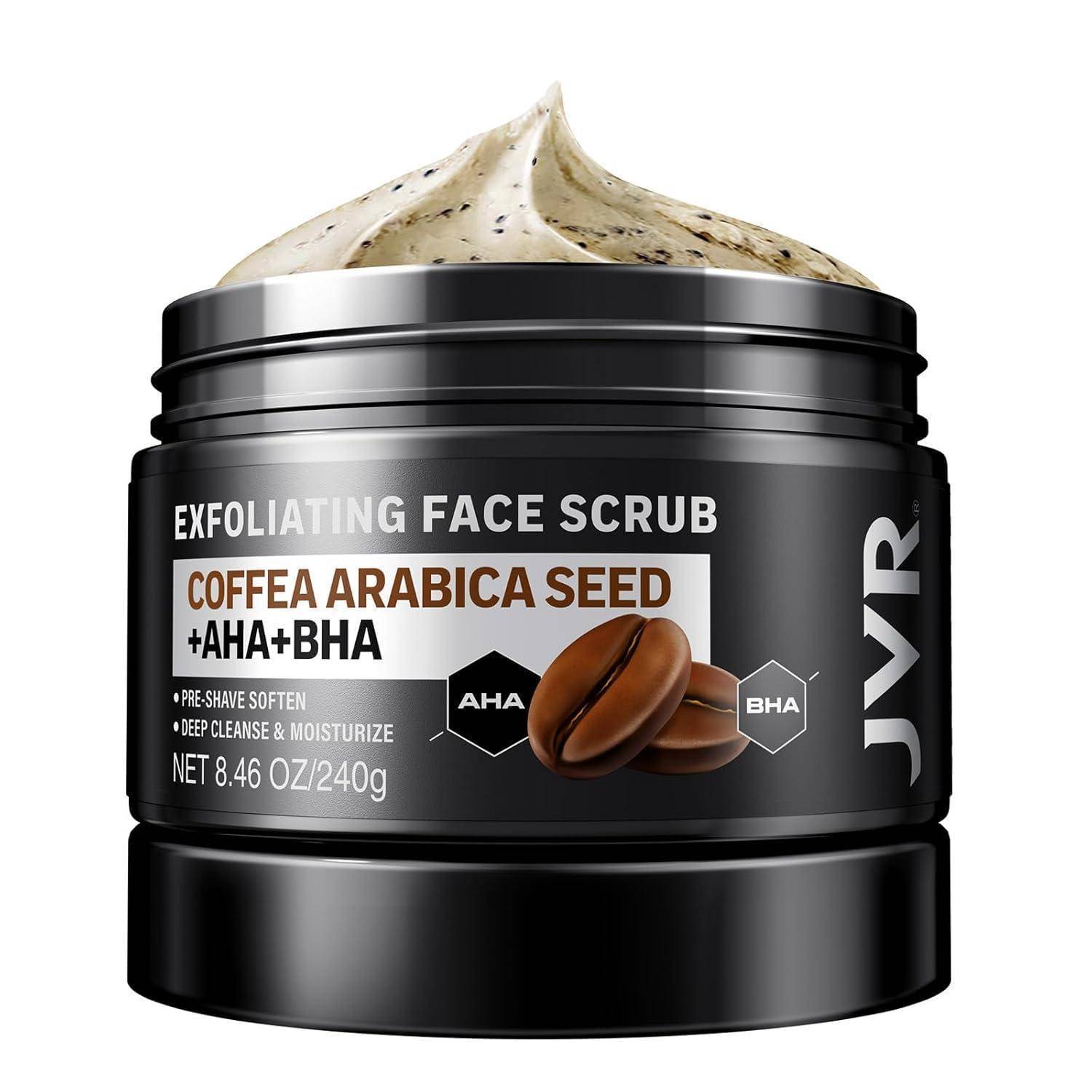 Gesichtspeeling-Glas mit Aufschrift ‚COFFEA ARABICA SEED + AHA+BHA'. Nettogewicht 8,46 oz/240g. Verspricht eine tiefenreinigende und feuchtigkeitsspendende Wirkung.
