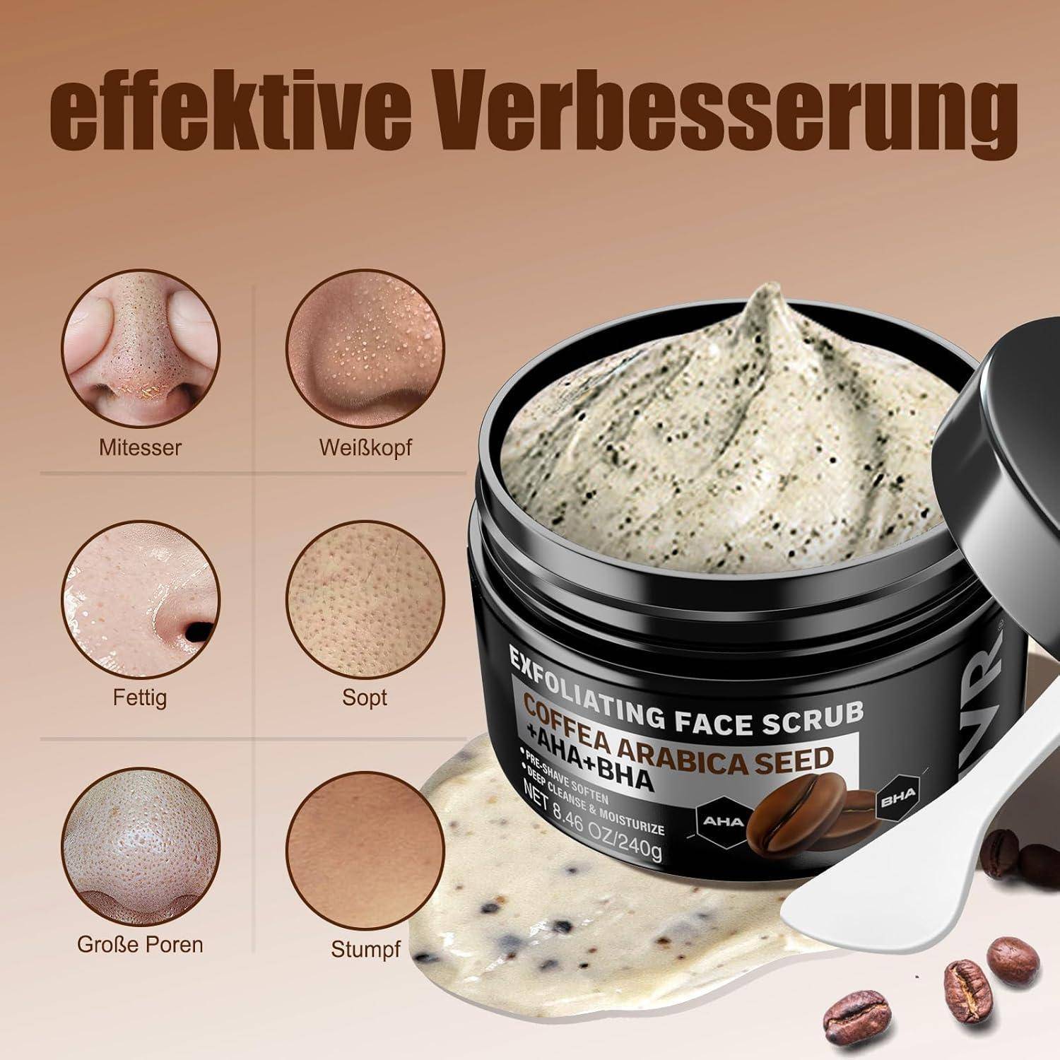 Gesichtspeeling mit Kaffee und AHA. Bilder zeigen Hautstrukturveränderungen: große Poren, Mitesser und Mattigkeit werden reduziert.
