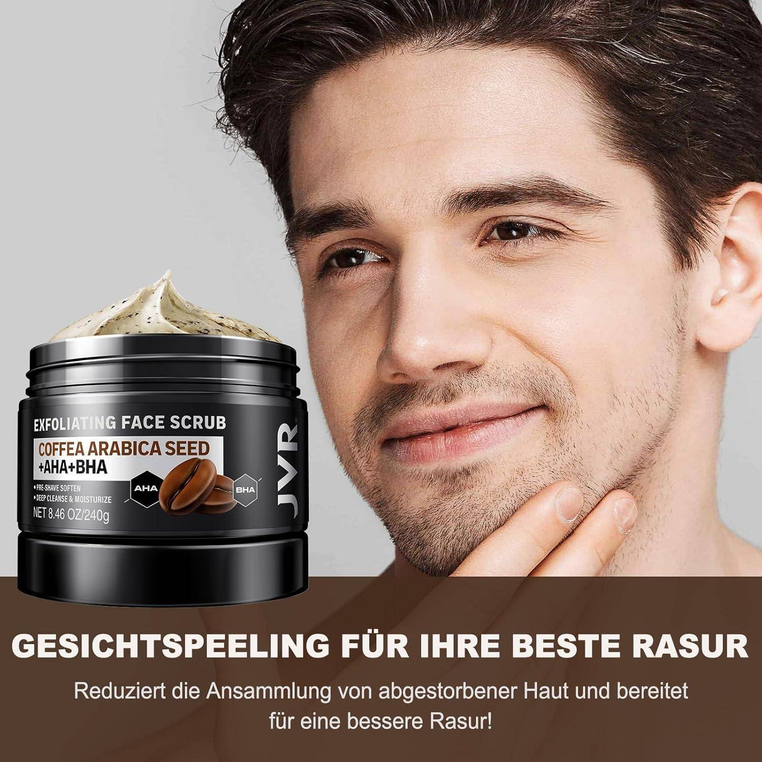 Ein Mann berührt nachdenklich sein Gesicht neben einem Tiegel mit Peeling-Gesichtsreiniger, auf dem „Coffea Arabica Seed + AHA + BHA