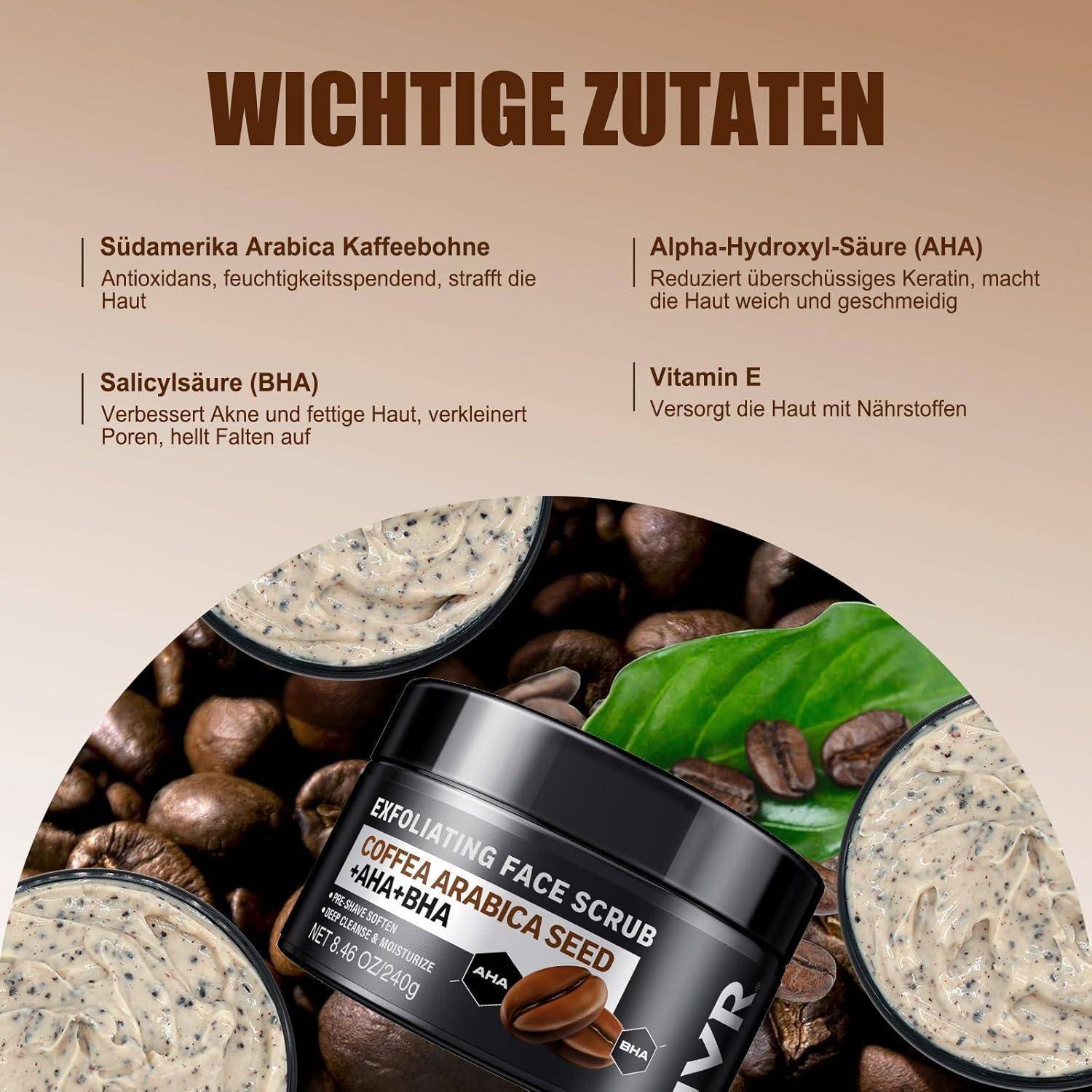 Das Bild zeigt ein Hautpflegeprodukt mit der Bezeichnung 'Gesichtspeeling' mit 'Arabica-Kaffeesamen'. Im Hintergrund befinden sich Kaffeebohnen und ein grünes Blatt. Darüber ist Text auf Deutsch, der Schlüsselingredienzen wie 'Südamerika Arabica Kaffeebohne', 'Alpha-Hydroxysäure (AHA)', 'Salicylsäure (BHA)' und 'Vitamin E' sowie deren Vorteile für die Haut aufführt.
