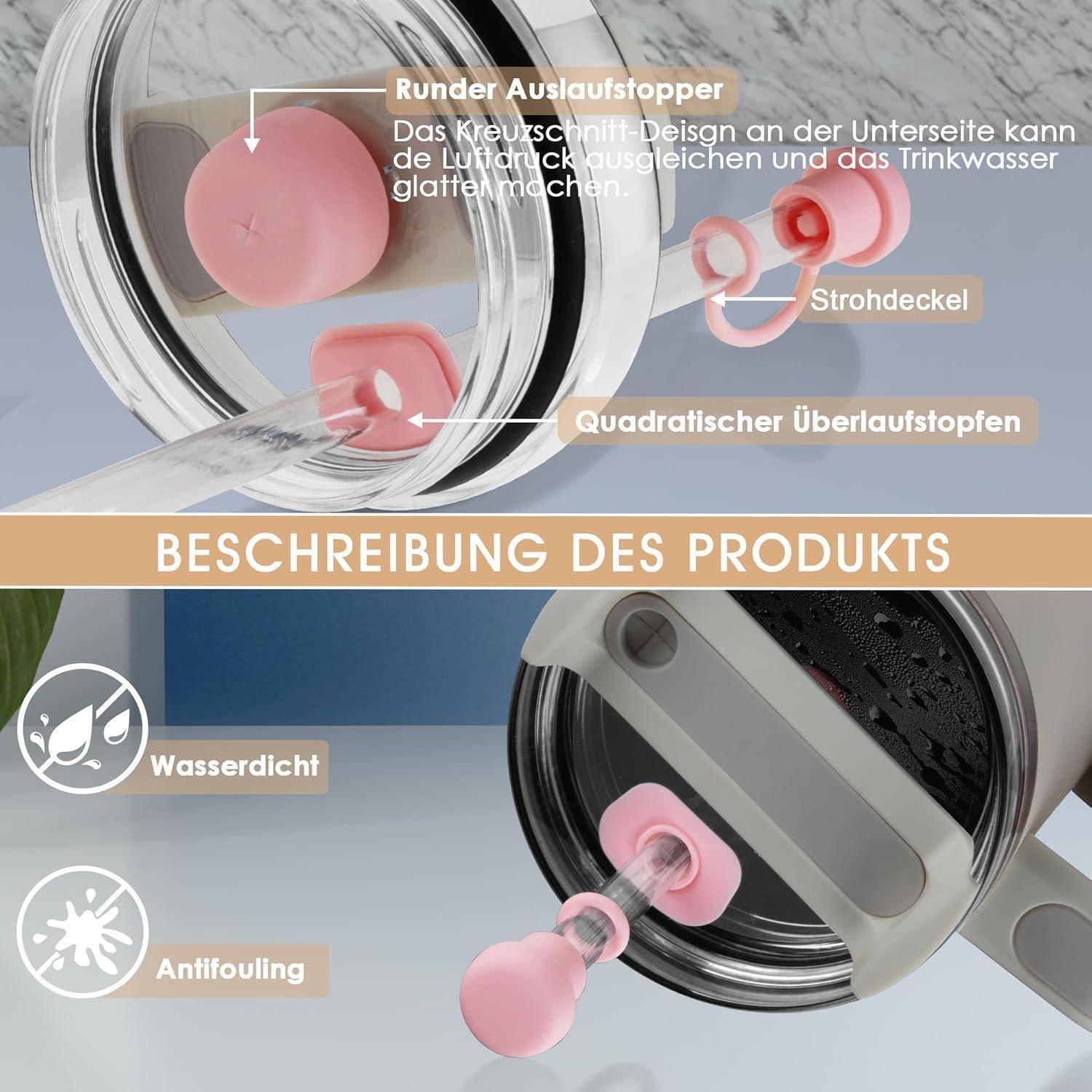 Das Bild zeigt eine Flasche mit einem Rückschlagventil-Design und einer quadratischen Strohhalm-Abdeckung. Zu den Merkmalen gehören wasserdichte und verschmutzungshemmende Eigenschaften. Der Text lautet 