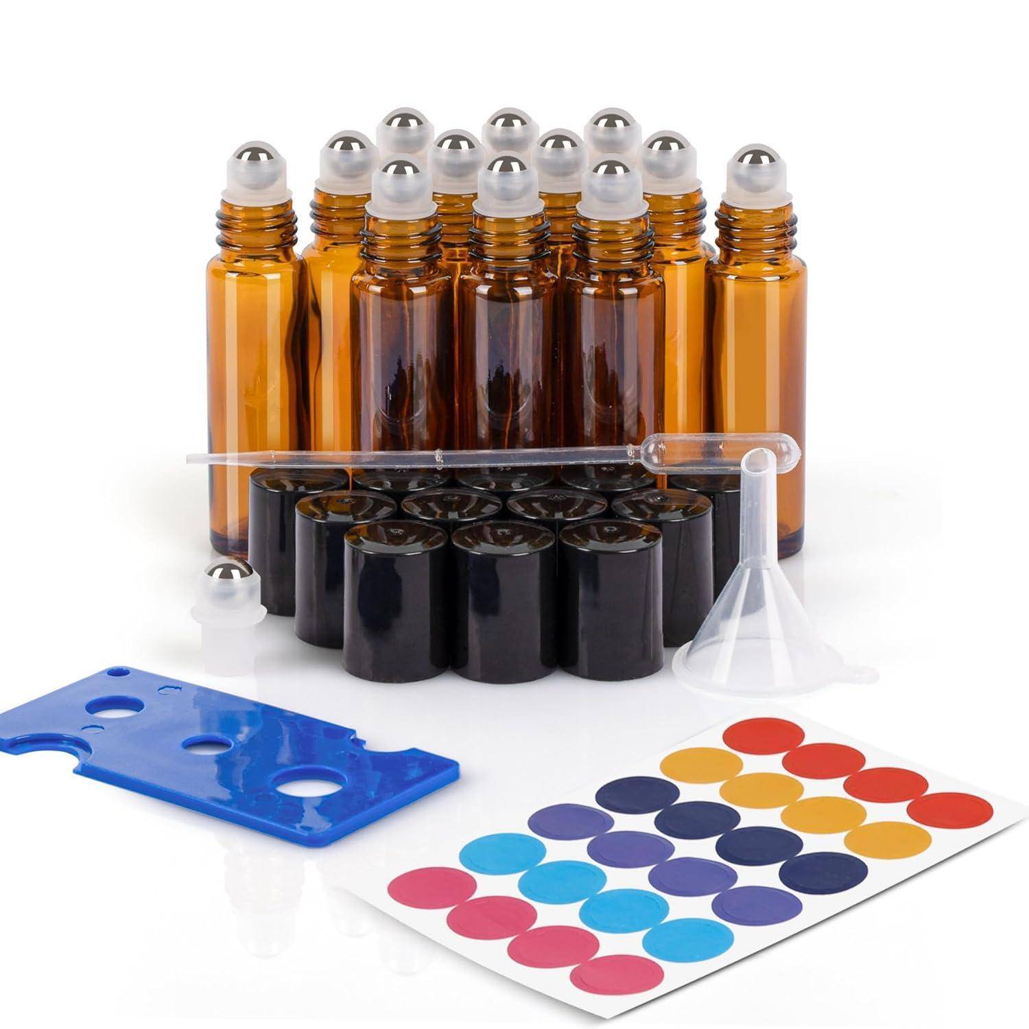 Ätherische Öl-Rollerfläschchen mit Metallkugeln, Etiketten, Tropfer, Trichter und Öffnungswerkzeug. Zum Mischen und Aufbewahren von Ölen.