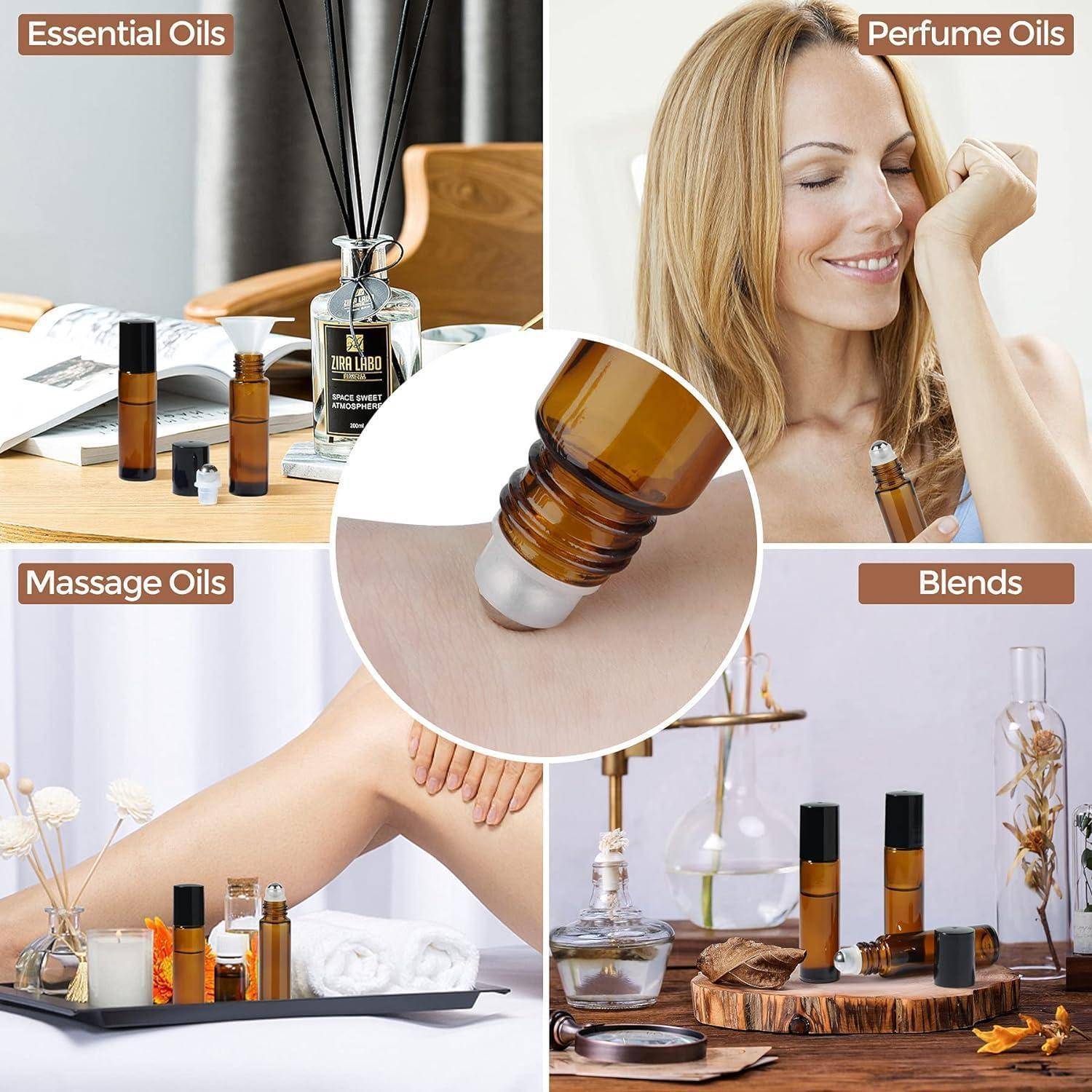Eine Collage mit 'Ätherische Öle', 'Parfümöle', 'Massageöle' und 'Mischungen'. Der mittlere Bereich zeigt die Anwendung von Öl auf der Haut.