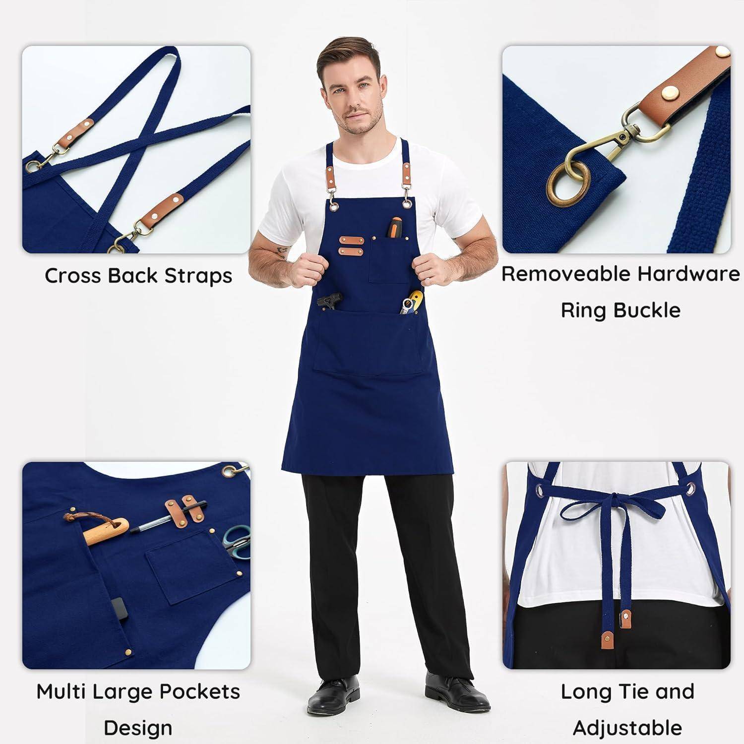Ein Mann trägt eine blaue Schürze mit braunen Lederriemen und mehreren Taschen. Eingefügte Bilder heben Merkmale hervor: Überkreuz-Träger, abnehmbare Beschläge, mehrere Taschen, lange Bindebänder und verstellbare Passform.