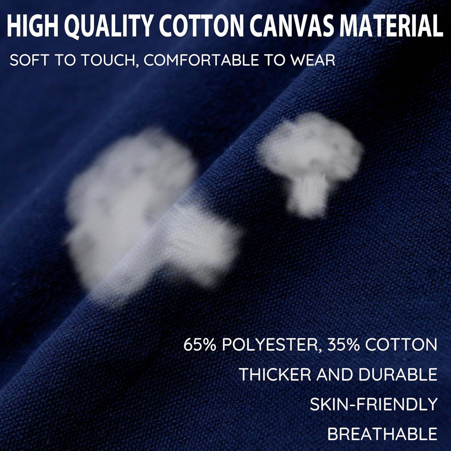Blaue Stofffläche mit zwei weißen Baumwollbüscheln. Der Text lautet: 'Hochwertiges Baumwollcanvasmaterial. Weich zum Anfassen, angenehm zu tragen. 65% Polyester, 35% Baumwolle. Dicker und langlebig. Hautfreundlich, atmungsaktiv.