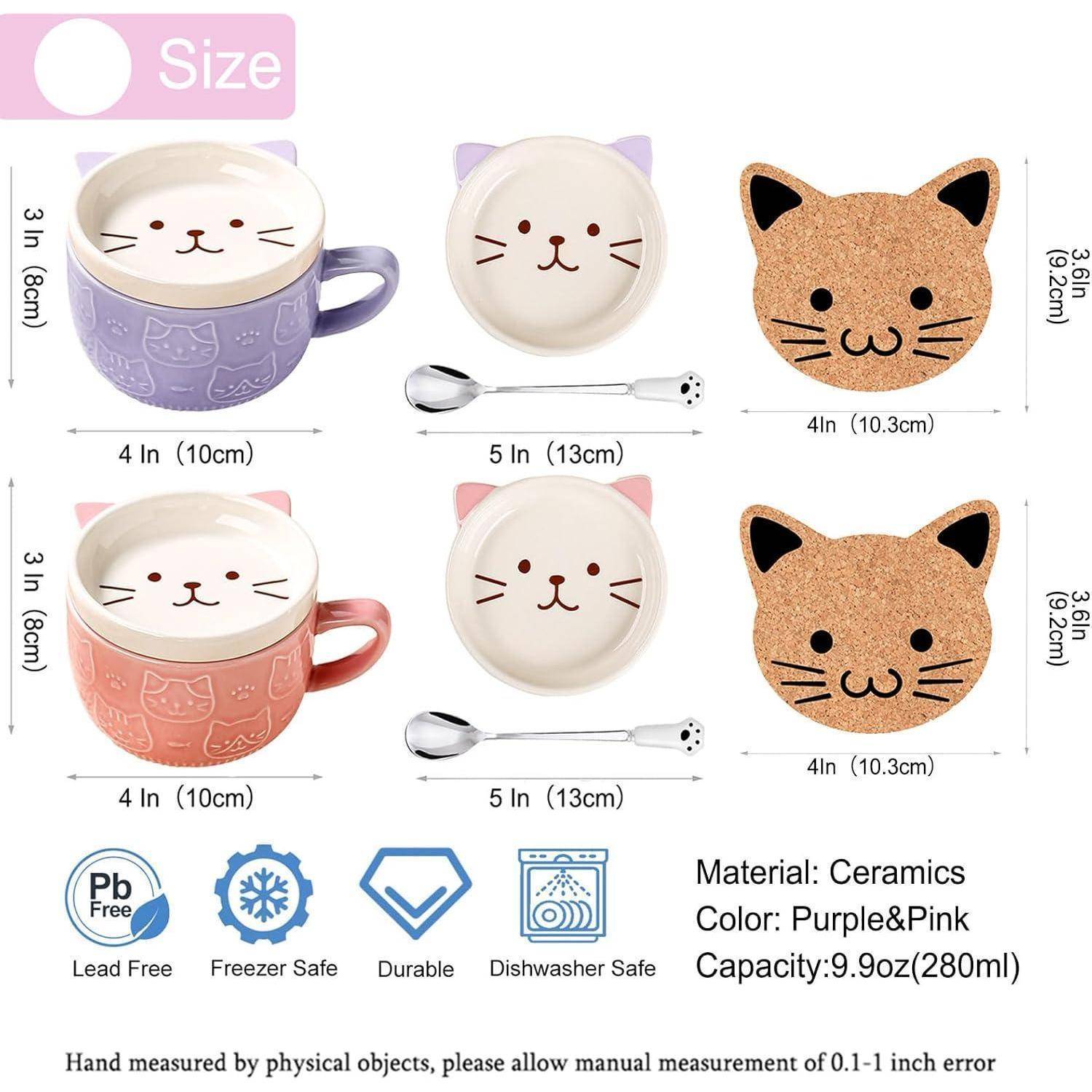 Keramik-Katzen-Motivbecher-Set in Lila und Rosa mit Deckeln und Untersetzer, jeweils 9,9 oz (280 ml).Inklusive Löffel. Spülmaschinen- und mikrowellengeeignet.
