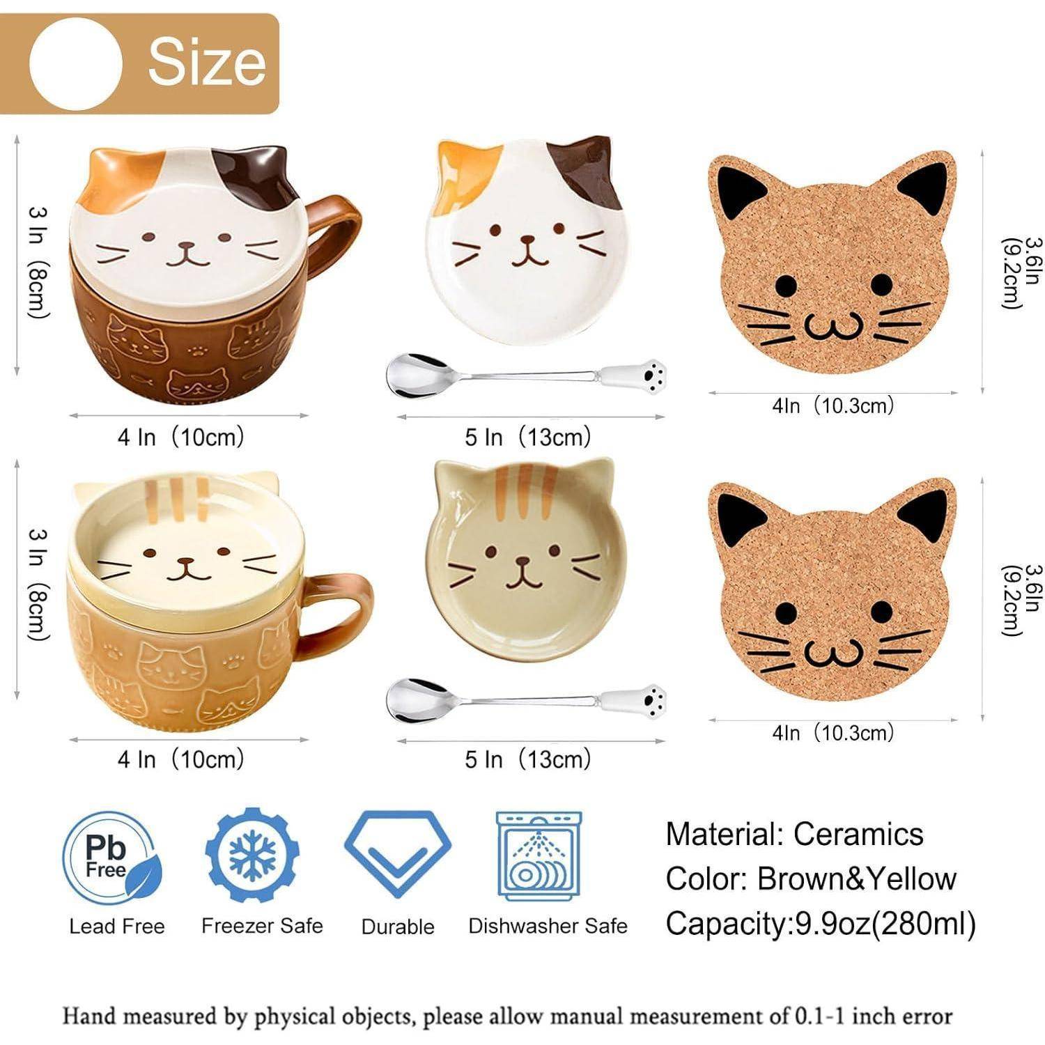 Keramik-Katzen-Tassen-Set bestehend aus zwei Tassen, zwei Deckeln, zwei Löffeln und zwei Untersetzer. Farben: braun, gelb. Fassungsvermögen: 9,9 oz (280 ml).