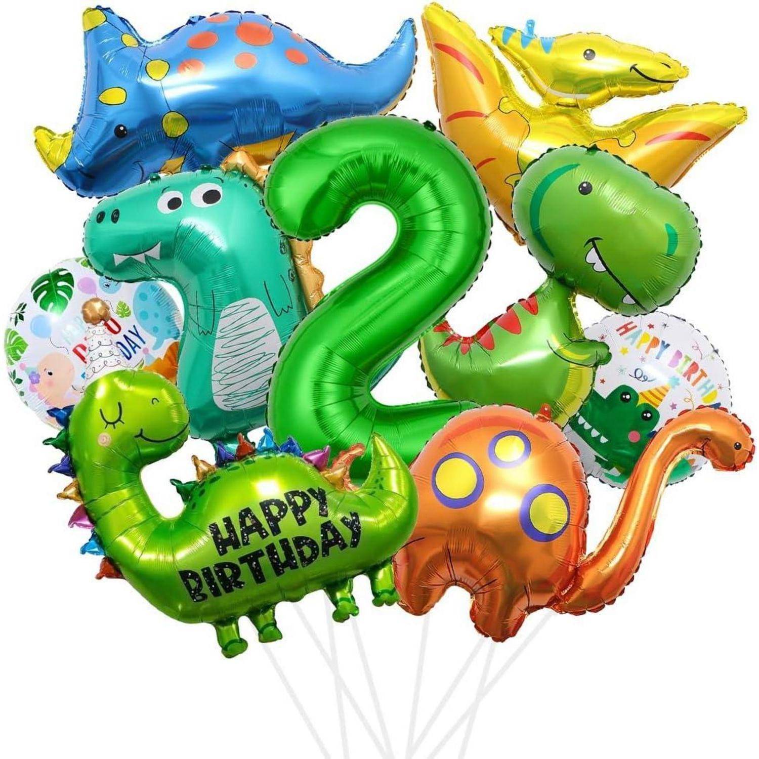 Dinosaurier-Geburtstags-Luftballons mit verschiedenen bunten Dinosaurier-Formen und einem grünen Luftballon mit der Aufschrift „Alles Gute zum Geburtstag