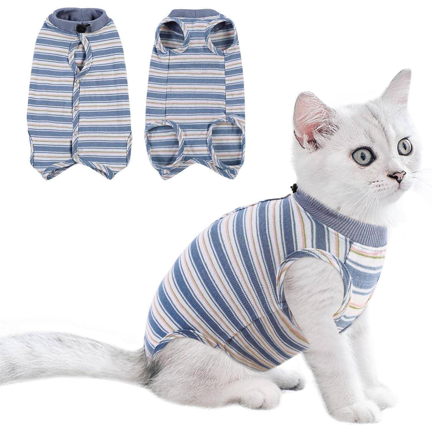 Eine weiße Katze trägt ein blau-weiß gestreiftes Shirt und sitzt nach rechts gewandt. Zwei Versionen des Shirts werden links daneben dargestellt.