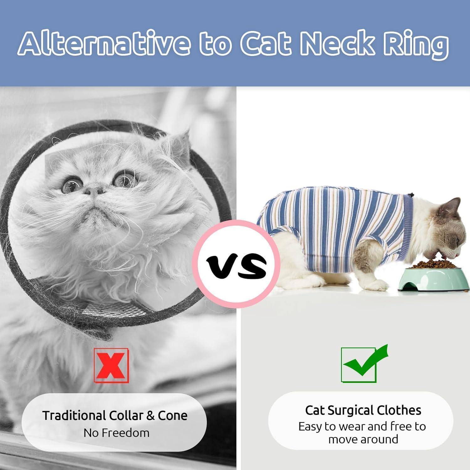Alternative zum Katzenhalsring' Bild, das eine gestresste Katze mit Halsband einer entspannten Katze in chirurgischer Kleidung gegenüberstellt, beschriftet mit 'Keine Freiheit' vs. 'Leicht zu tragen und frei beweglich'.