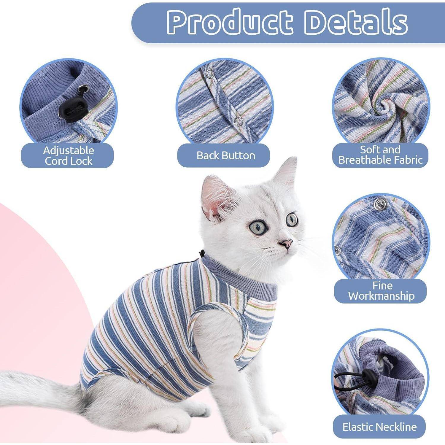 Weiße Katze trägt ein blau-orange gestreiftes Shirt, hervorgehobene Merkmale sind verstellbare Kordelstopper, Rückenknopf, weicher Stoff, feine Verarbeitung und elastischer Kragen.