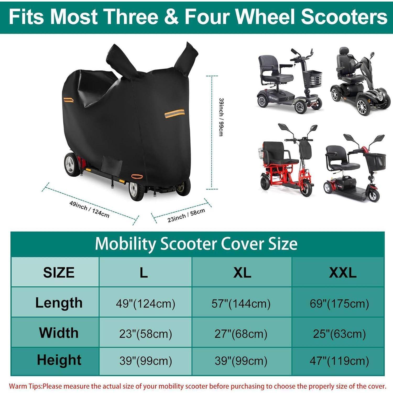 Eine Tabelle mit Vergleich der Größen von Mobilitätsroller-Abdeckungen (L, XL, XXL) mit Maßen in Zoll und Zentimetern. Fotos von Rollern enthalten.