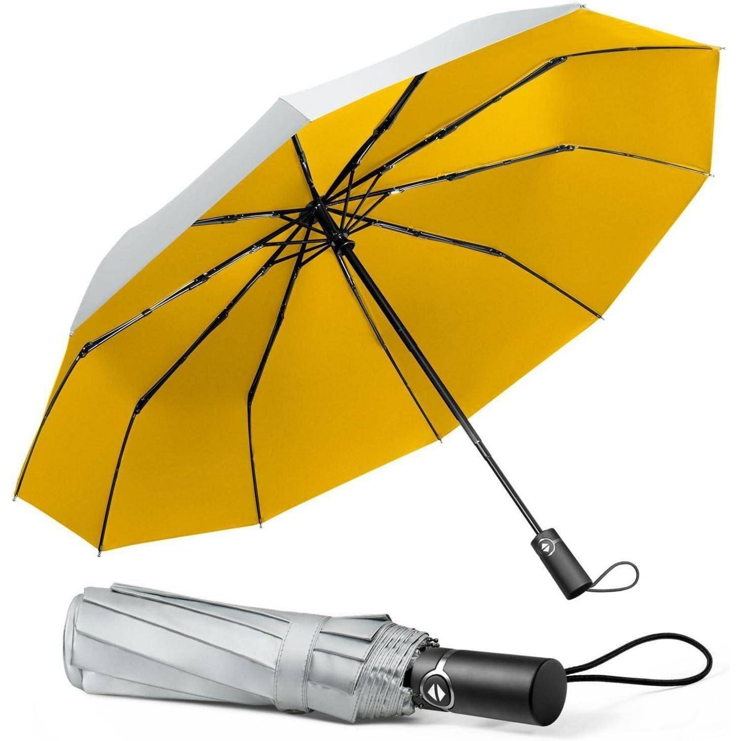 Eine zusammengefaltete weiße Regenschirm liegt neben einem geöffneten gelben Regenschirm, der seine schwarzen Speichen und Griffgestaltung präsentiert.