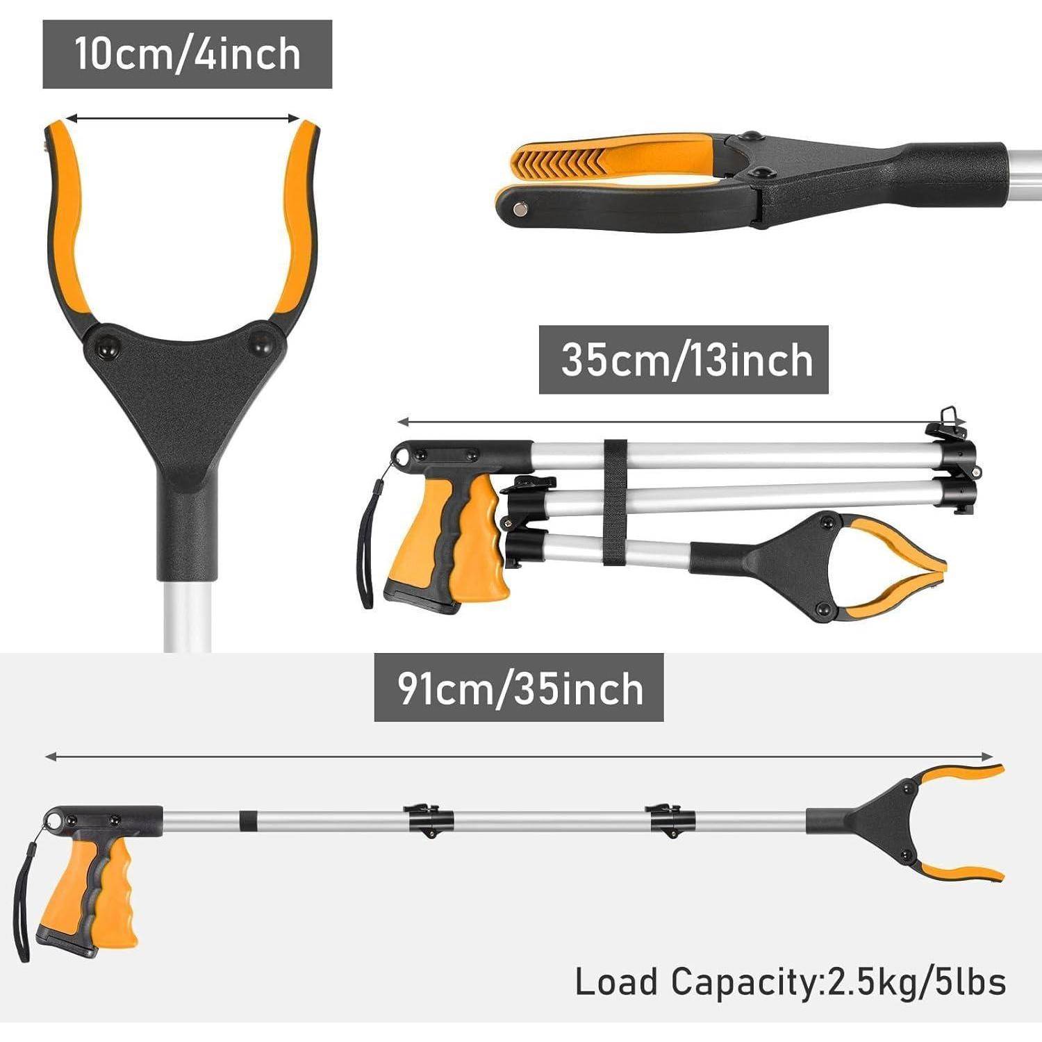 Teleskop-Greifwerkzeug mit orangefarbenen Griffen; Abmessungen: 10 cm/4 Zoll, 35 cm/13 Zoll ausgefahren, 91 cm/35 Zoll Gesamtlänge. Tragfähigkeit: 2,5 kg/5 lbs.