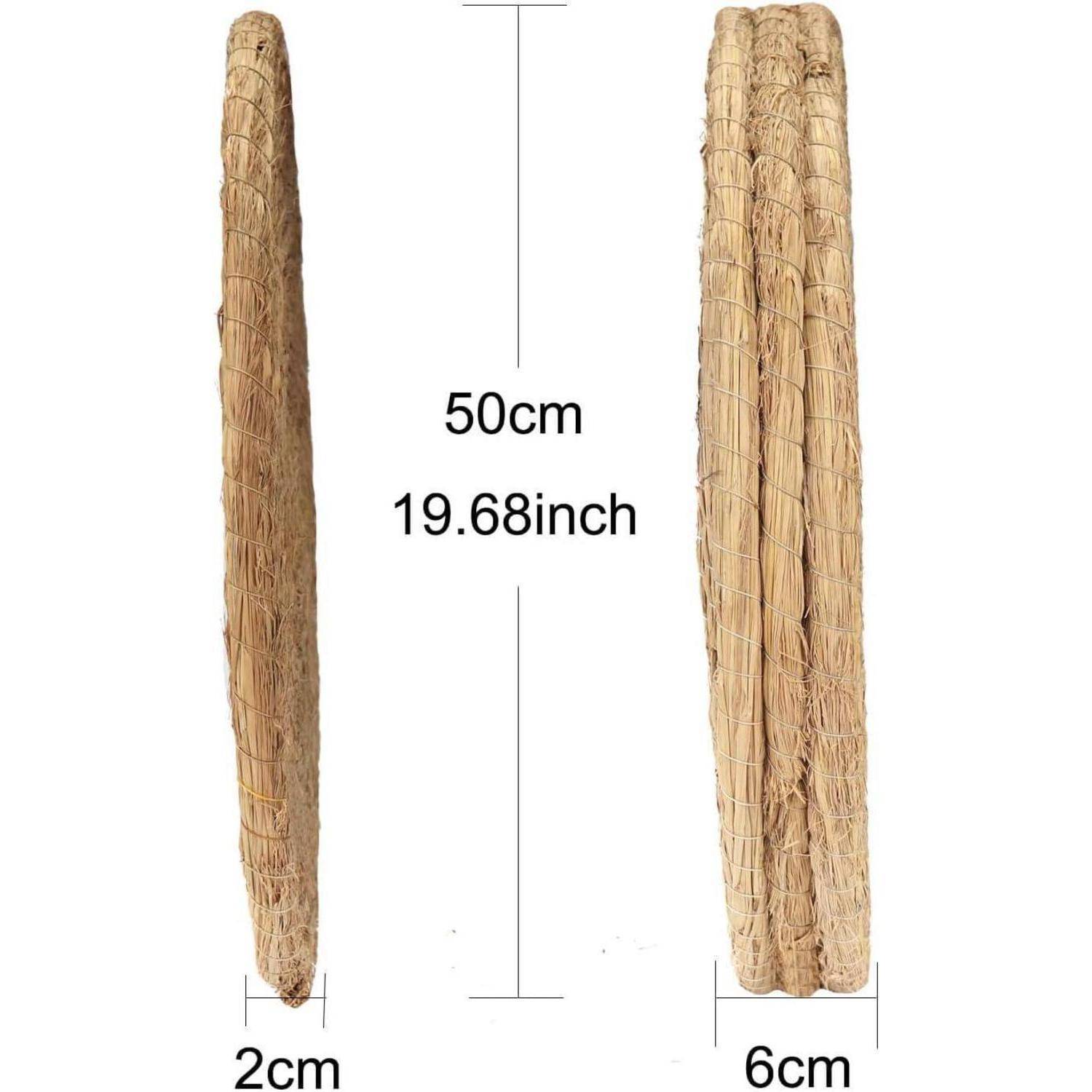 Zwei Strohbündel werden vertikal dargestellt. Das linke Bündel ist mit '2cm' beschriftet und das rechte mit '6cm'. Beide sind '50cm/19,68 Zoll' hoch.