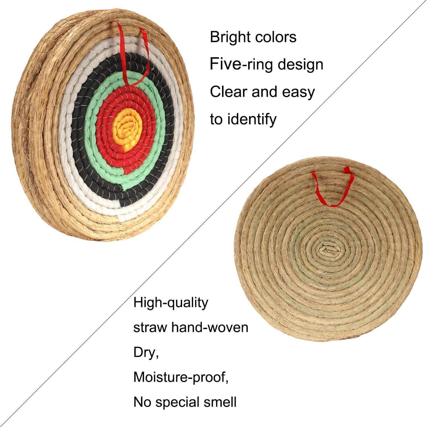 Zwei Stroh-Bogenscheiben mit hellen, mehrfarbigen Ringen und schlichtem Design. Beschriftungen heben Merkmale hervor: Fünf-Ringe-Design, handgewebt, feuchtigkeitsbeständig, geruchsneutral.