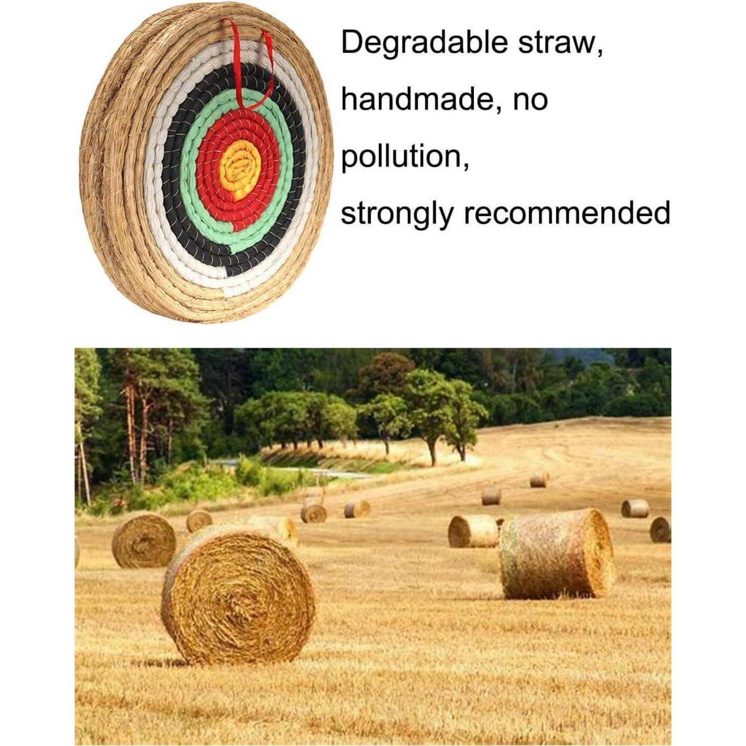 Ein Feld mit Heuballen im Vordergrund. Darüber ein Bild eines runden Ziels aus abbaubarer Stroh mit dem Text: ‚Abbaubares Stroh, handgefertigt, keine Verschmutzung, sehr empfohlen.