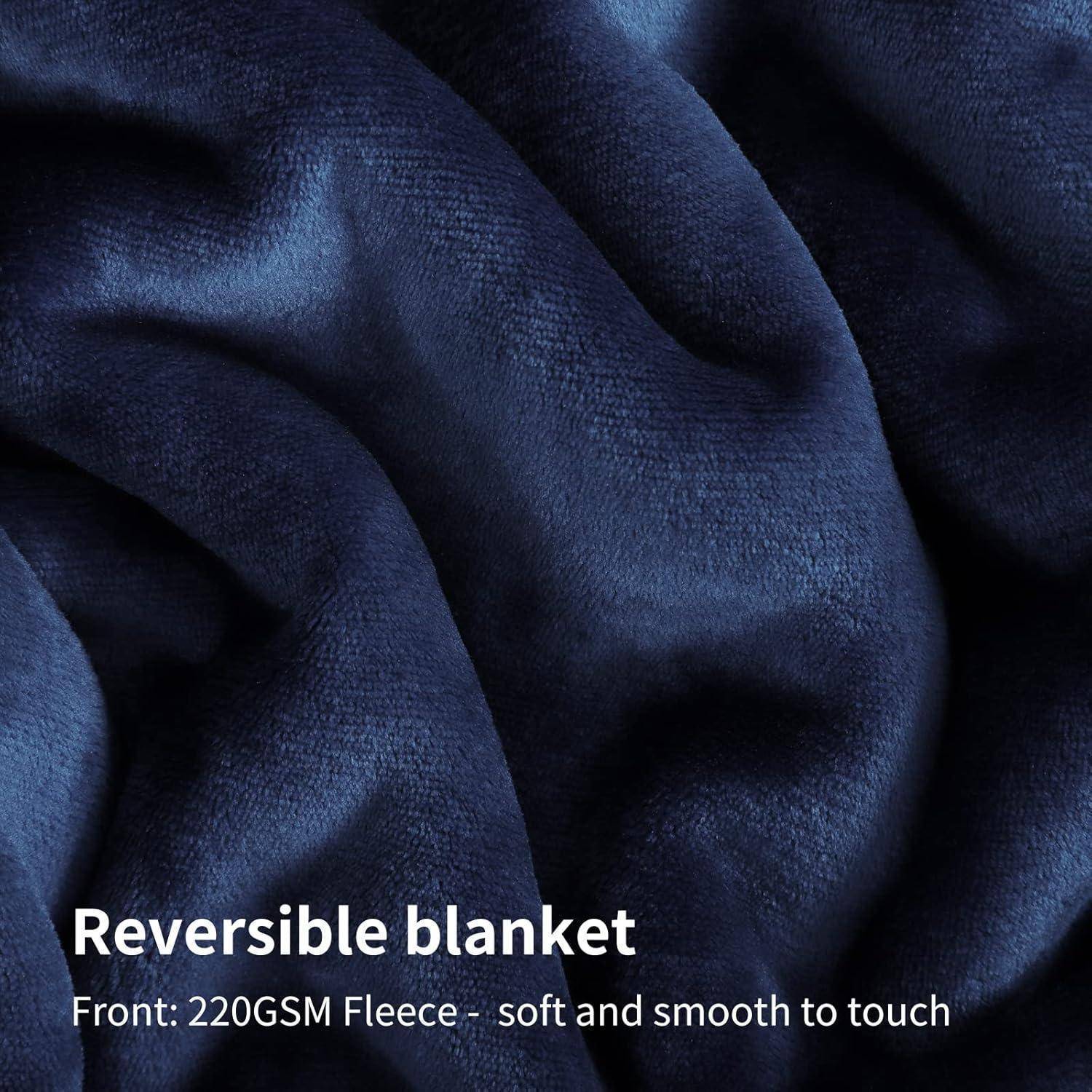 Wendbare Decke mit Nahaufnahme eines dunkelblau-farbenen 220 g/m² Fleece-Stoffs, beschrieben als weich und samtig zum Anfassen.