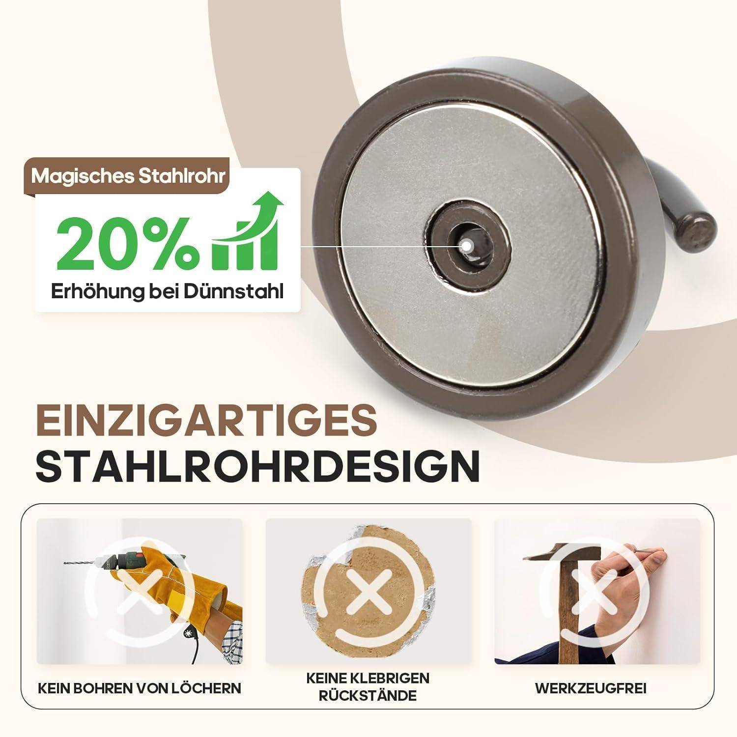 Runde Magnethalterung aus magischem Stahlrohr, 20% stärker bei dünnem Stahl. Kein Bohren, keine Klebespuren, werkzeuglos zu montieren.