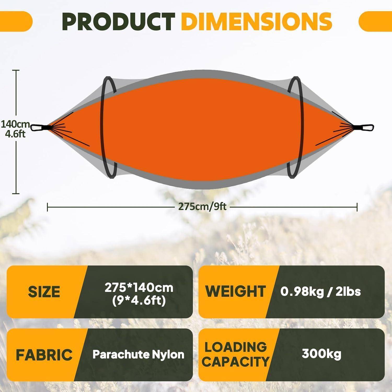 Produktabmessungen zeigt eine Hängemattenauslegung: 275 cm x 140 cm. Größe: 275*140 cm. Gewicht: 0,98 kg. Stoff: Fallschirmnylon. Tragfähigkeit: 300 kg.