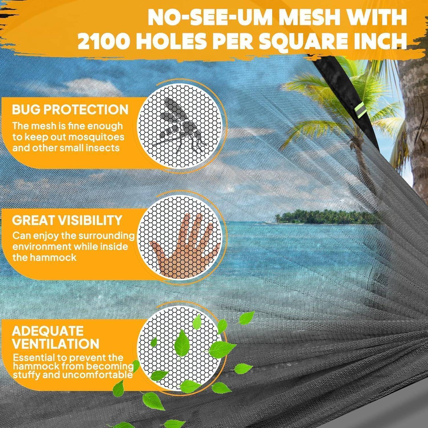 Netz gegen Mücken mit 2100 Löchern pro Quadratzoll' Text über Hängematte. Beschreibungen: Insektenschutz, hervorragende Sicht, ausreichende Belüftung.