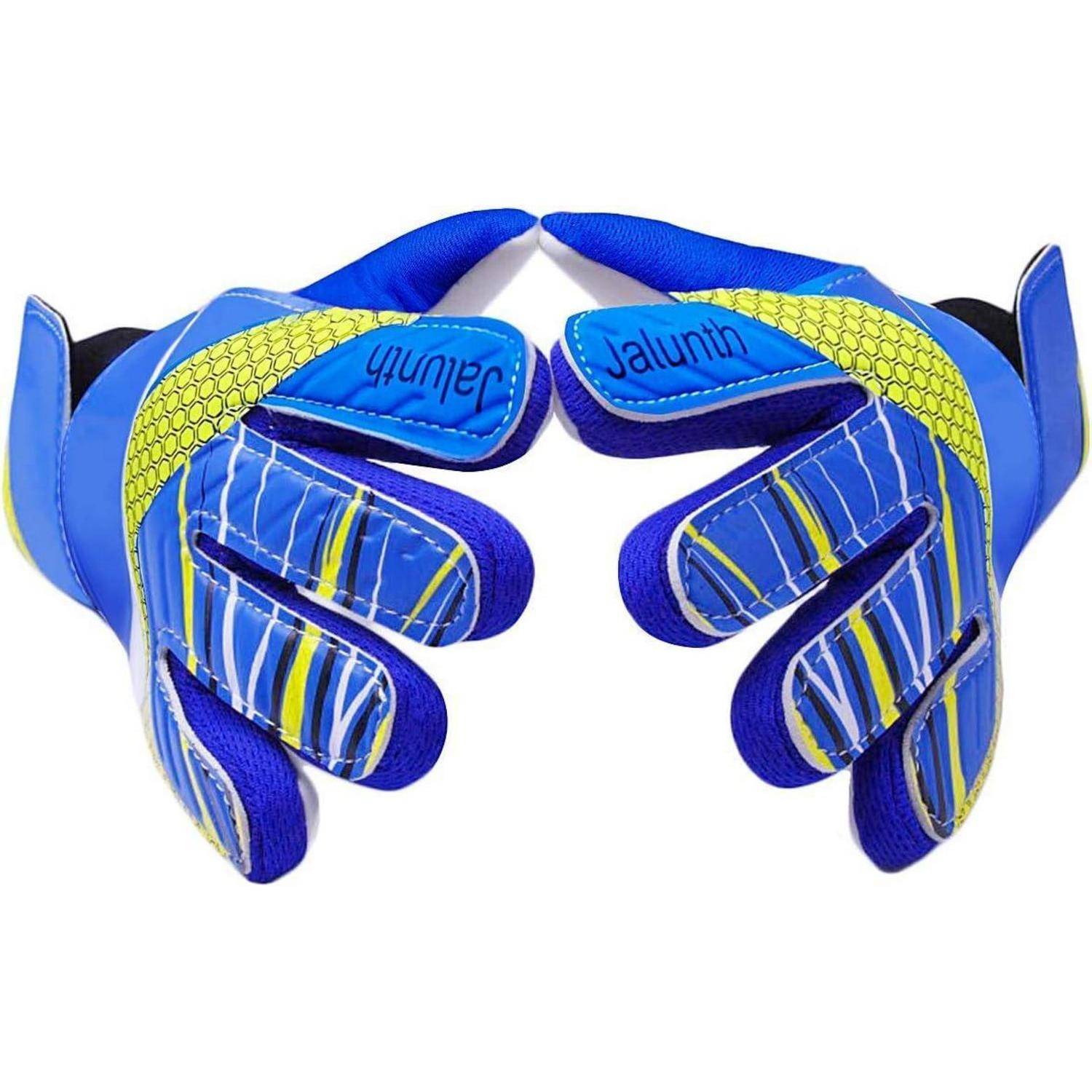 Torwarthandschuhe mit blau-, gelb- und weißem Design, mit dem Markennamen 'Jaluwin' auf den Fingern.
