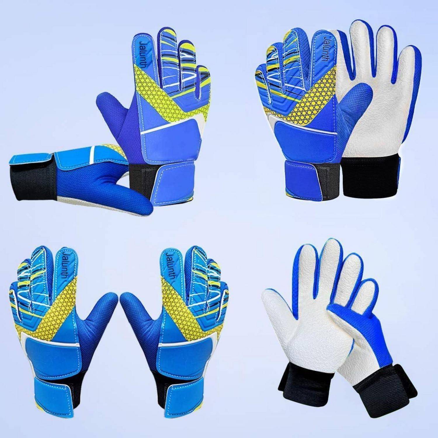 Ein Paar blau-weißer Torwarthandschuhe mit gelben Akzenten und schwarzer Handgelenkstütze, aus verschiedenen Blickwinkeln auf einem hellblauen Hintergrund abgebildet.