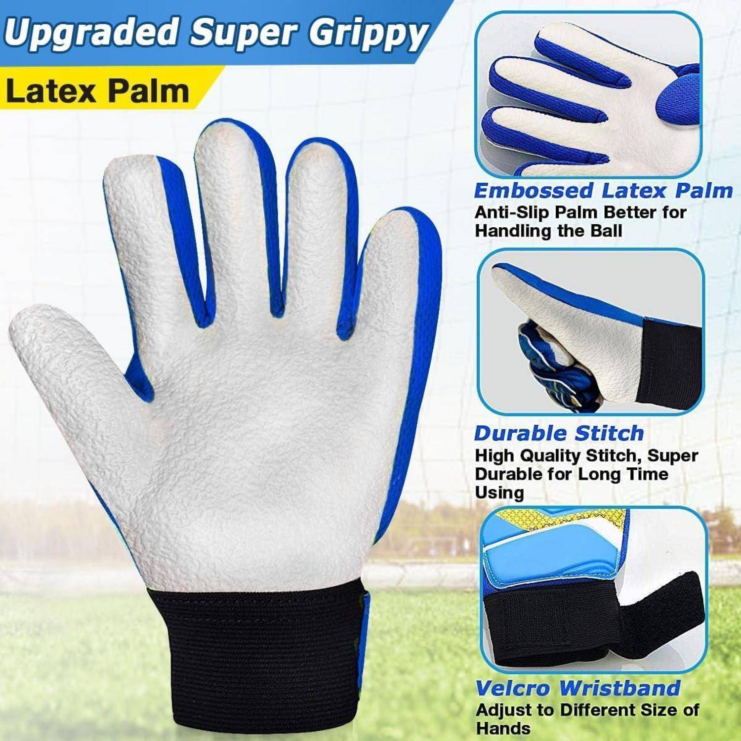 Aufgerüsteter Super-Griffiger Latex-Handschuh mit blauen Akzenten. Zu den Merkmalen gehören geprägte Handfläche zum Greifen, strapazierfähige Nähte und ein Kletthandgelenk.