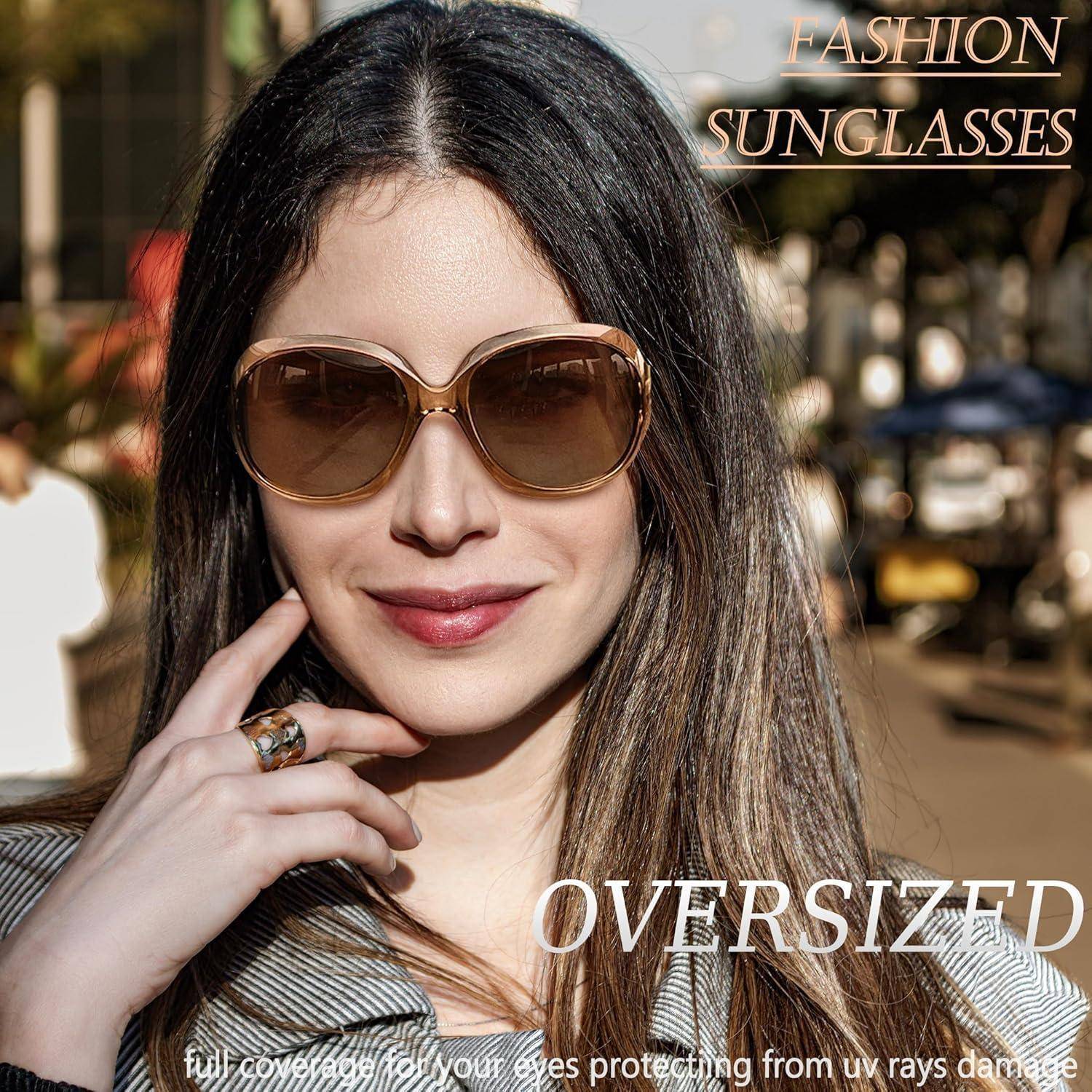 Eine Frau mit übergroßen Modesonnenbrille lächelt im Freien. Text lautet 'MODESONNENBRILLE' und 'ÜBERGROSS'.