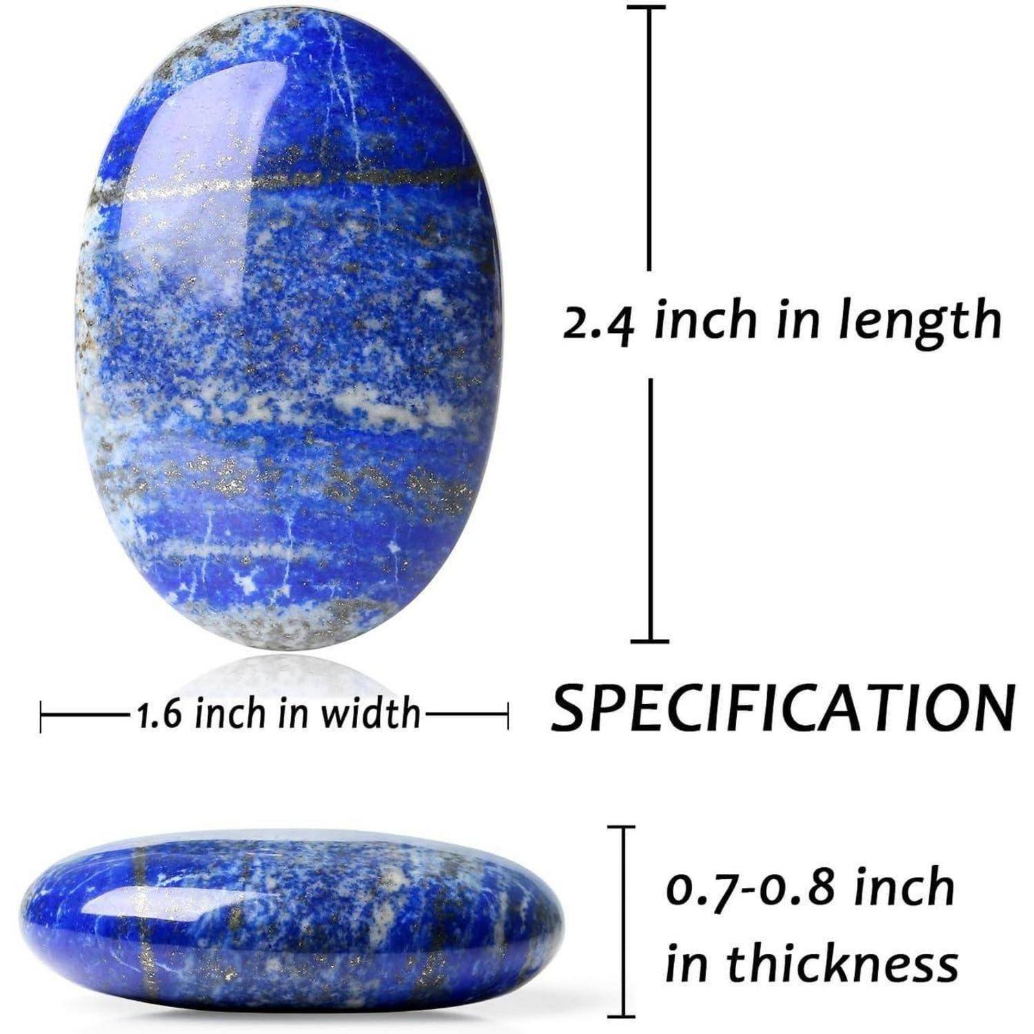 Ovaler blauer Stein mit weißen und grauen Streifen, 2,4 Zoll lang, 1,6 Zoll breit und 0,7-0,8 Zoll dick.