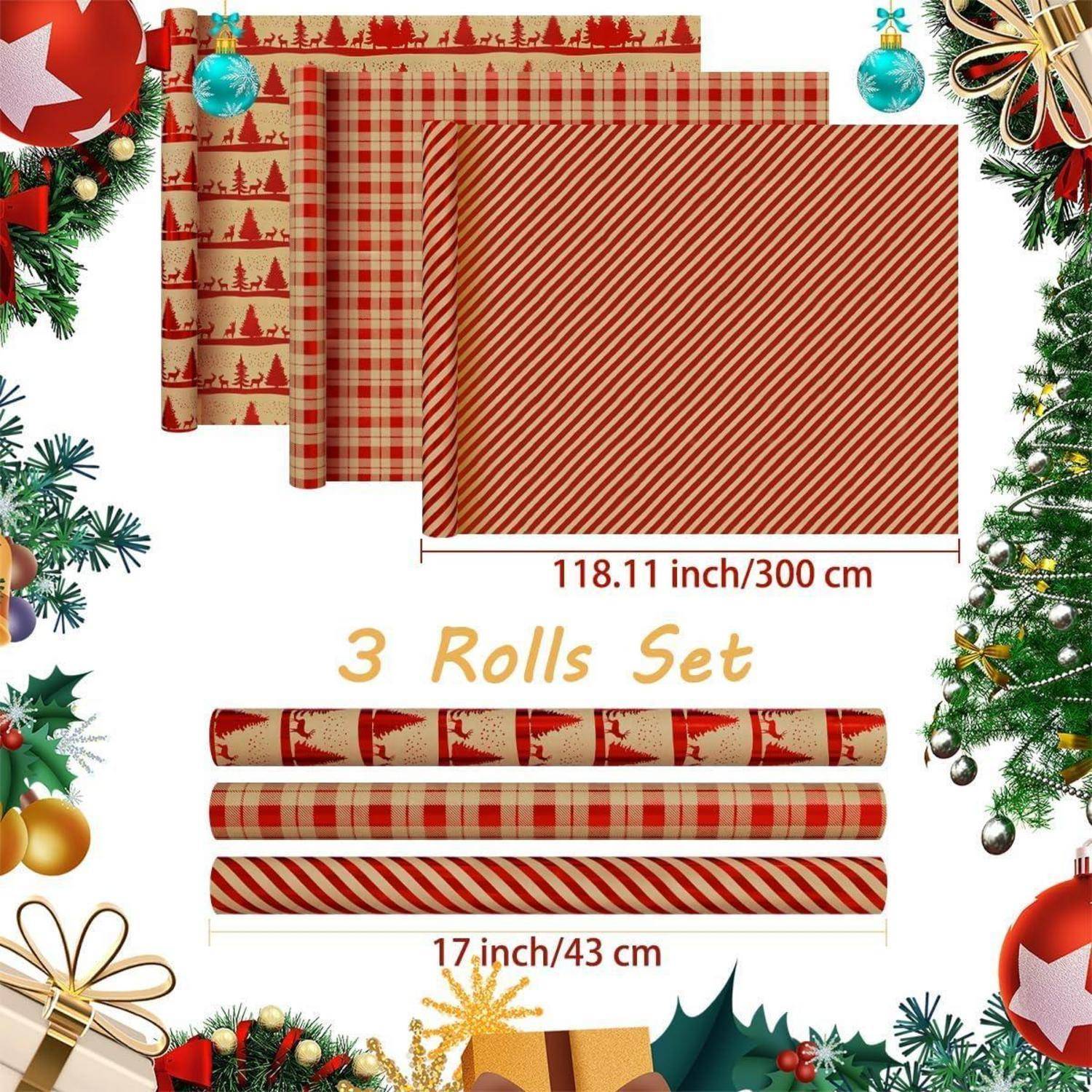 Ein Set aus drei Rollen Weihnachtsgeschenkpapier in Rot und Gold, jede 17 Zoll/43 cm breit und 118,11 Zoll/300 cm lang, umgeben von festlichen Dekorationen.