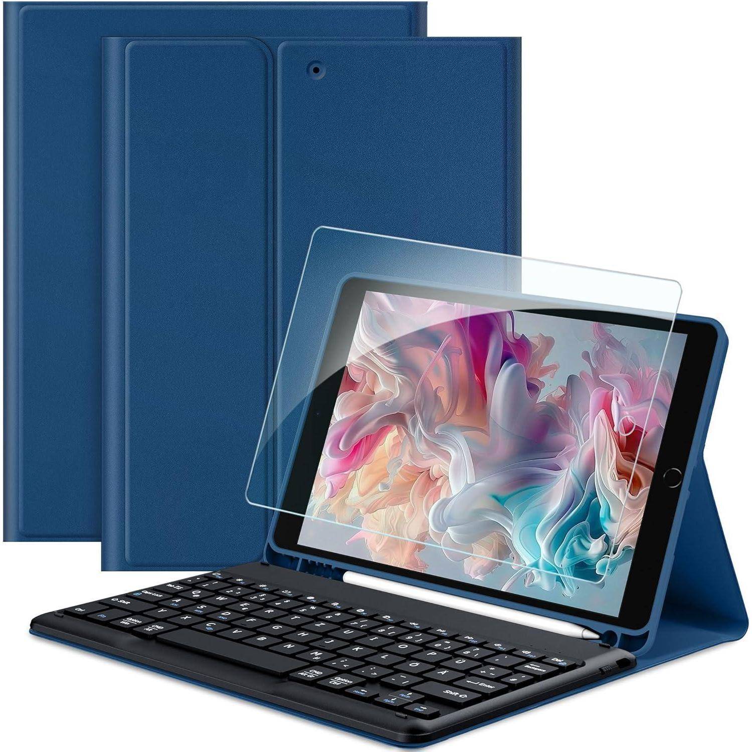 Ein blauer Tablettkoffer mit Ständer, der ein Tablet mit farbenfroher abstrakter Kunst zeigt und mit einer abnehmbaren Tastatur und einem Displayschutz ausgestattet ist.