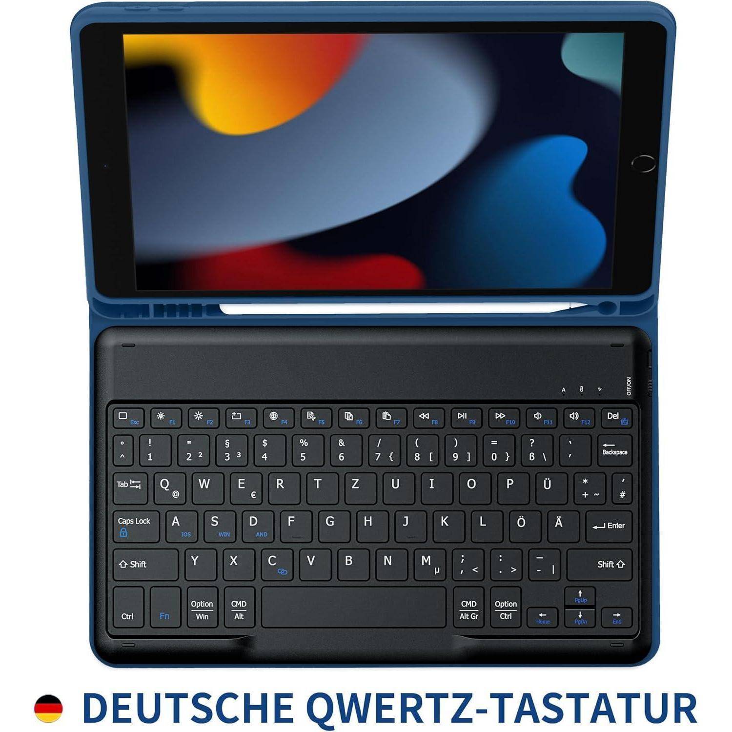 Tablet in einem Gehäuse mit einer deutschen QWERTZ-Tastatur angeschlossen. Der Bildschirm zeigt einen bunten abstrakten Hintergrund. Text darunter liest sich 