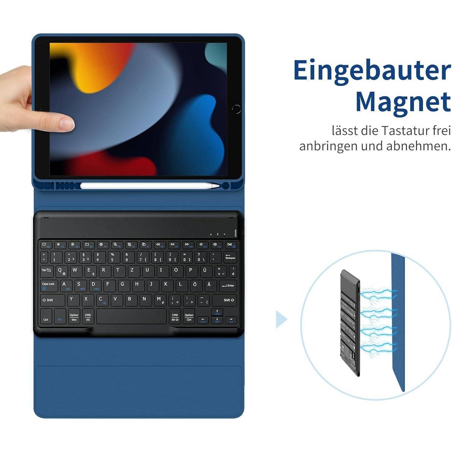 Ein Tablet mit einem bunten Bildschirm wird in einer Tastaturhülle gezeigt. Die Hülle ist blau, und die Tastatur lässt sich mittels Magneten abnehmen. Deutscher Text lautet: 'Eingebauter Magnet'.