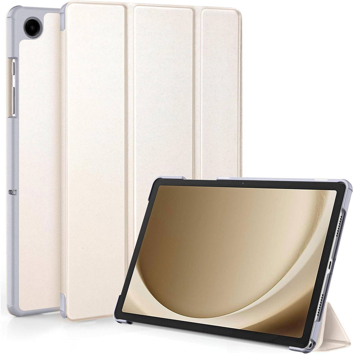 Eine beige Tablette mit einer passenden Hülle wird präsentiert. Die Hülle ist teilweise geöffnet und zeigt den Bildschirm mit einem abstrakten beigen Hintergrund.