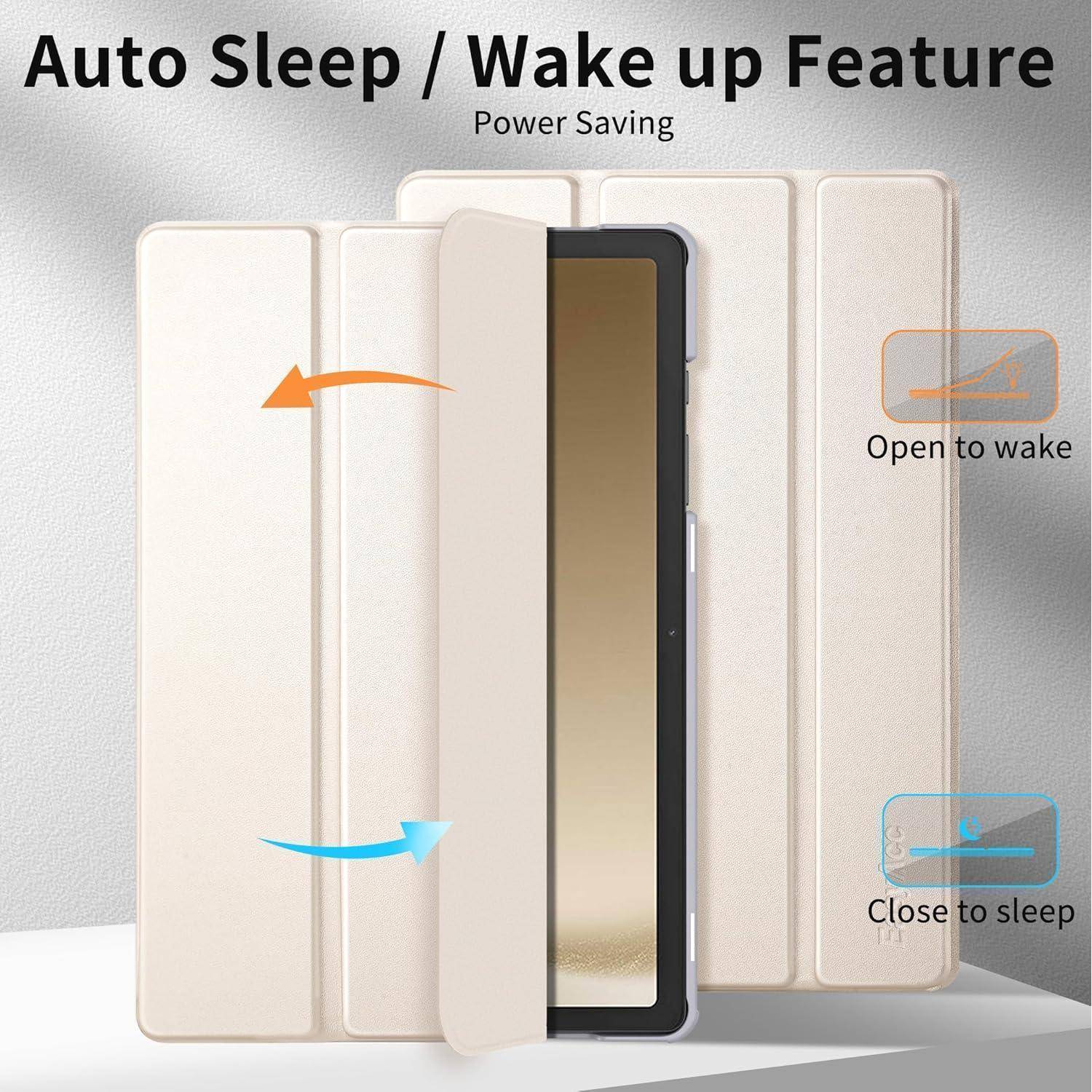 Tablet-Hülle demonstriert die ‚Auto Sleep/Wake Up-Funktion - Energiesparmodus', die zeigt, wie die Hülle beim Öffnen aufwacht und beim Schließen in den Schlafmodus geht.