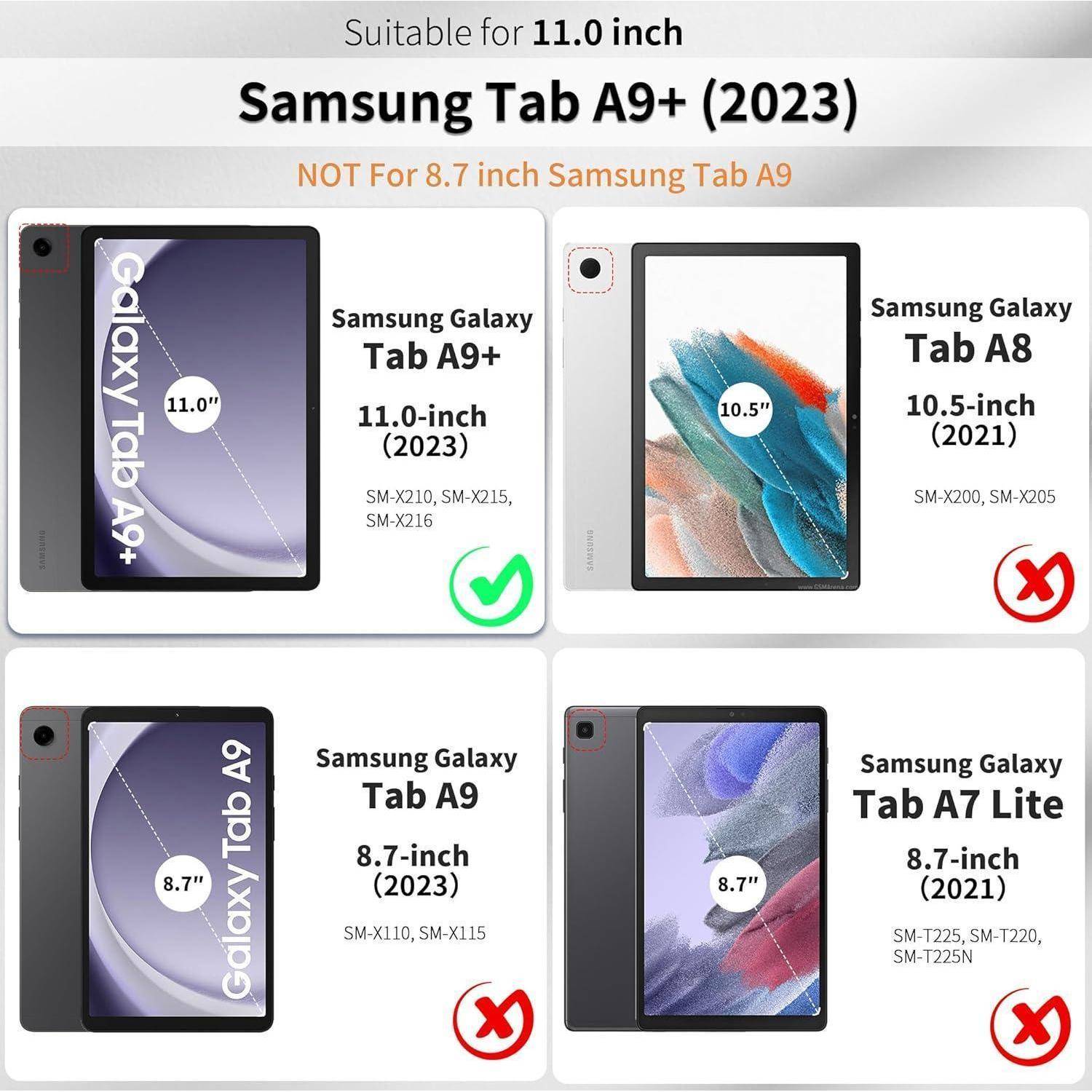 Geeignet für 11,0 Zoll Samsung Tab A9+ (2023), nicht für 8,7 Zoll Samsung Tab A9. Bilder zeigen korrekte und falsche Modelle mit Häkchen- und Kreuzzeichen.