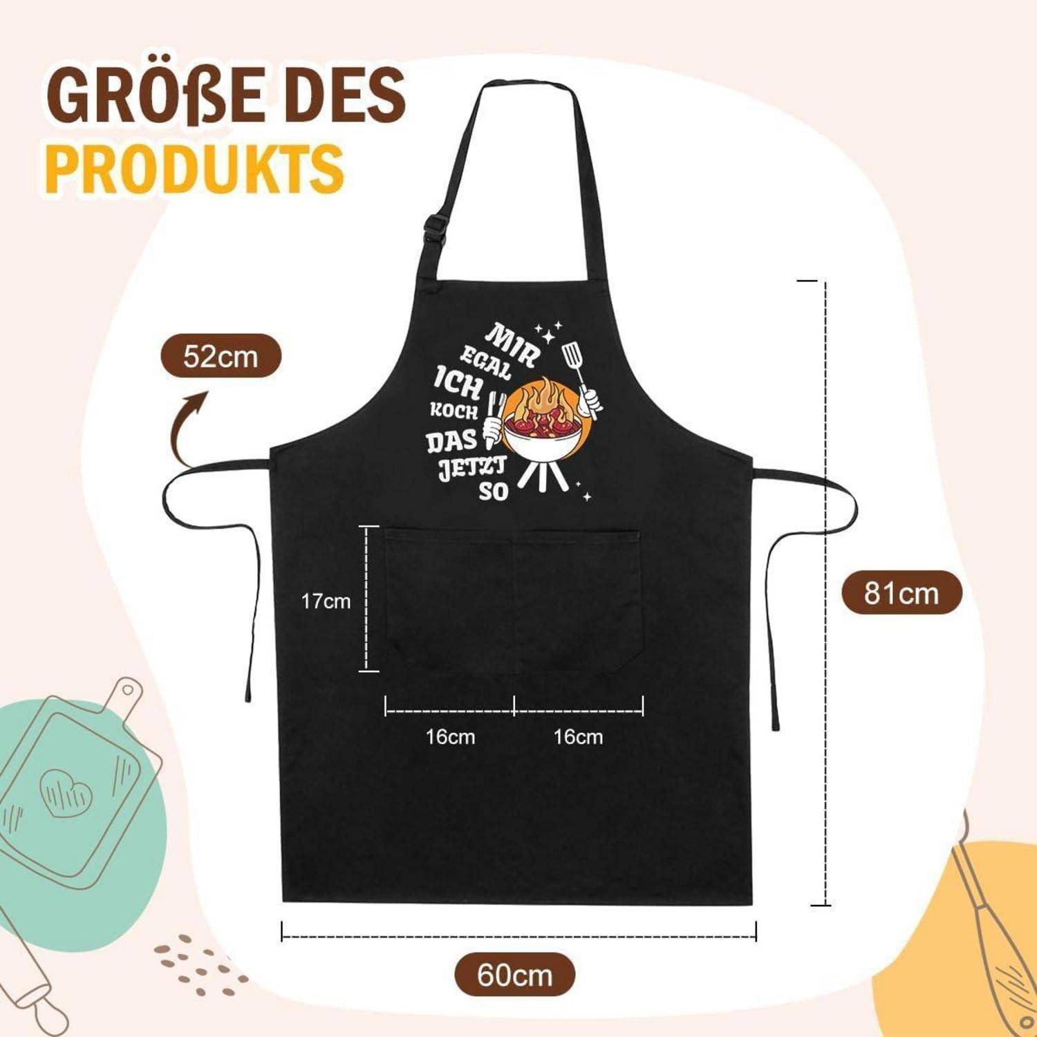 Schwarze Schürze mit Beschriftung 'Größe des Produkts' mit Maßangaben: Höhe 81 cm, Breite 60 cm, oberer Abschnitt 17 cm, unterer Abschnitt 16 cm.