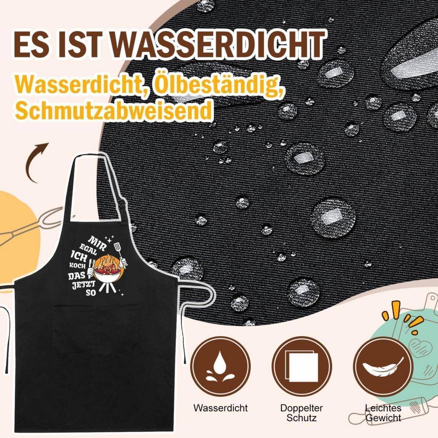 Schürze mit Cartoon-Design wird als wasserdicht, ölbeständig und schmutzabweisend beworben, wobei Wassertropfen auf dem Stoff zu sehen sind.