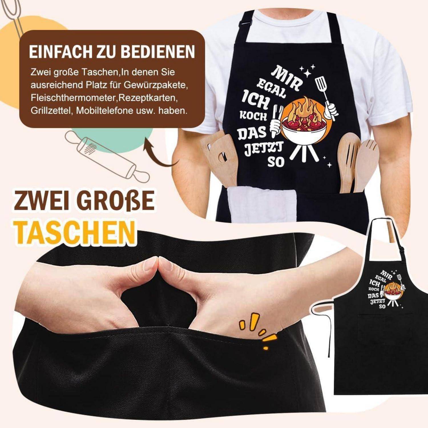Eine Person trägt eine schwarze Schürze mit einem Grilldesign und dem deutschen Text 