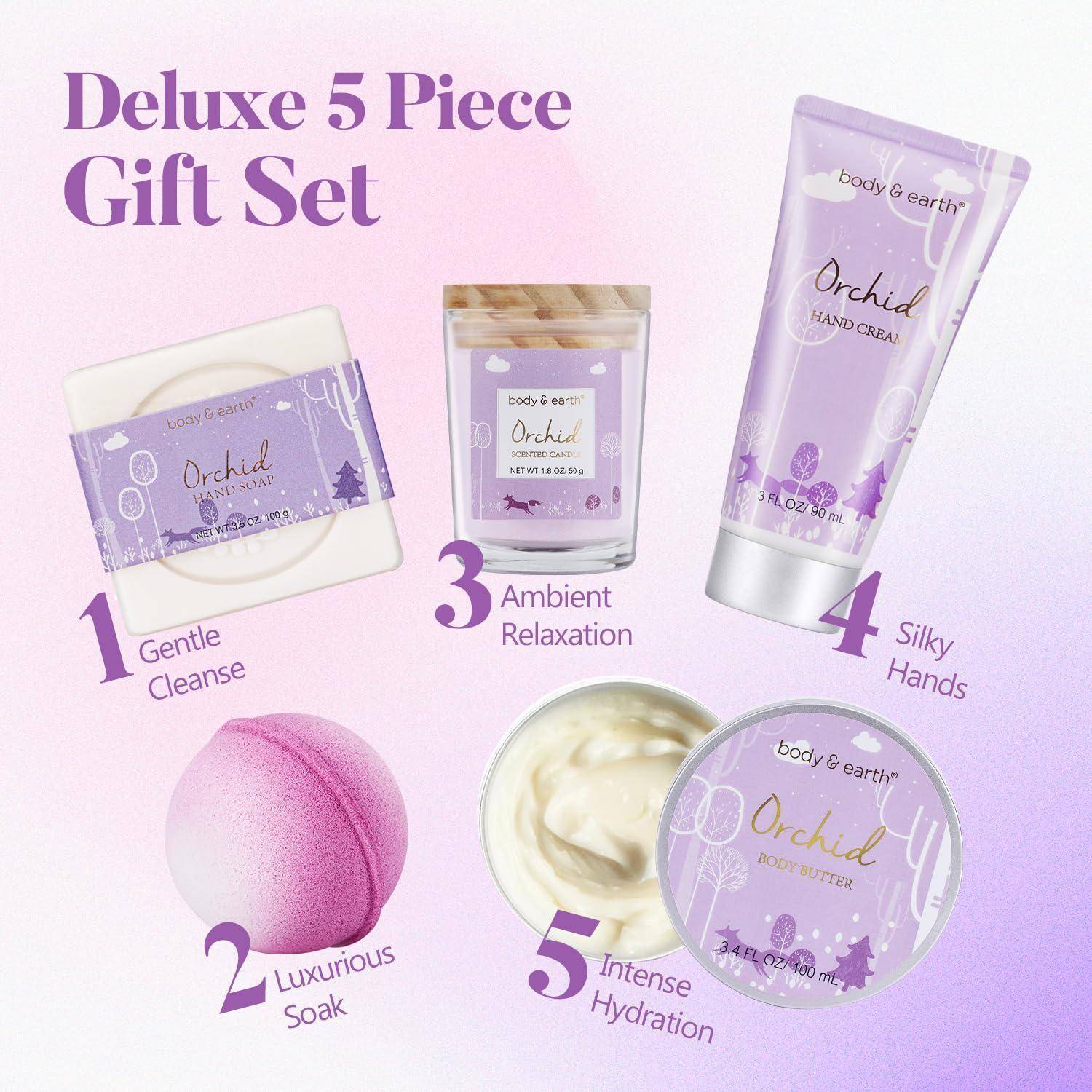 "Deluxe 5-teiliges Geschenkset" enthält: 1. Sanfte Reinigungsseife, 2. Luxuriöse Badebombe zum Entspannen, 3. Kerze für ambientes Relaxen, 4. Seidig-weiche Handcreme, 5. Intensive Körperbutter zur Hydratation.