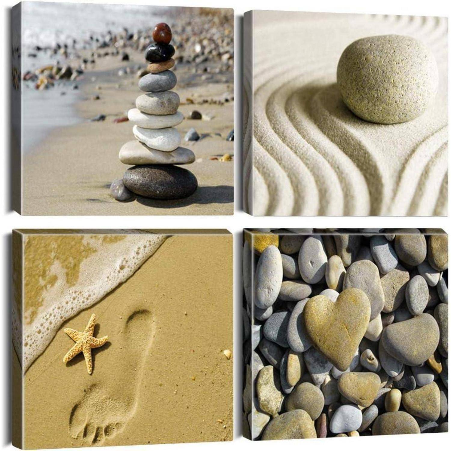 Vier Bilder: Gestapelte Strandsteine; ein glatter Stein in geharketem Sand; ein Seestern neben einem Fußabdruck im Sand; Felsen mit einem herzförmigen Stein.