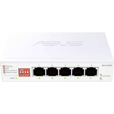 Ein kleiner weißer Netzwerk-Switch mit der Aufschrift ASUS, ausgestattet mit fünf Ethernet-Ports und verschiedenen LED-Anzeigen für Stromversorgung und Portstatus.