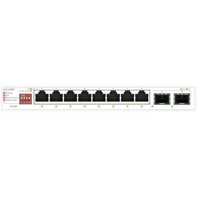 Netzwerk-Switch mit 8 Ethernet-Ports und 2 SFP-Ports. LED-Indikatoren zeigen Aktivität, Geschwindigkeit und Status. Kompaktes, rack-montierbares Design.