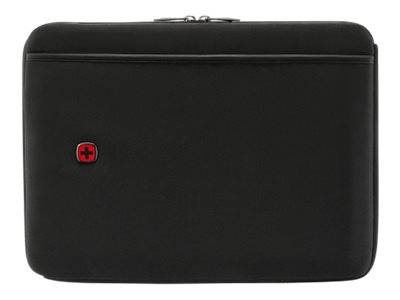 Ein schwarzer Laptop-Sleeve mit einem roten Kreuz-Emblem auf der Vorderseite, das auf ein Schweizer Markendesign hindeutet, vor einem schlichten weißen Hintergrund.